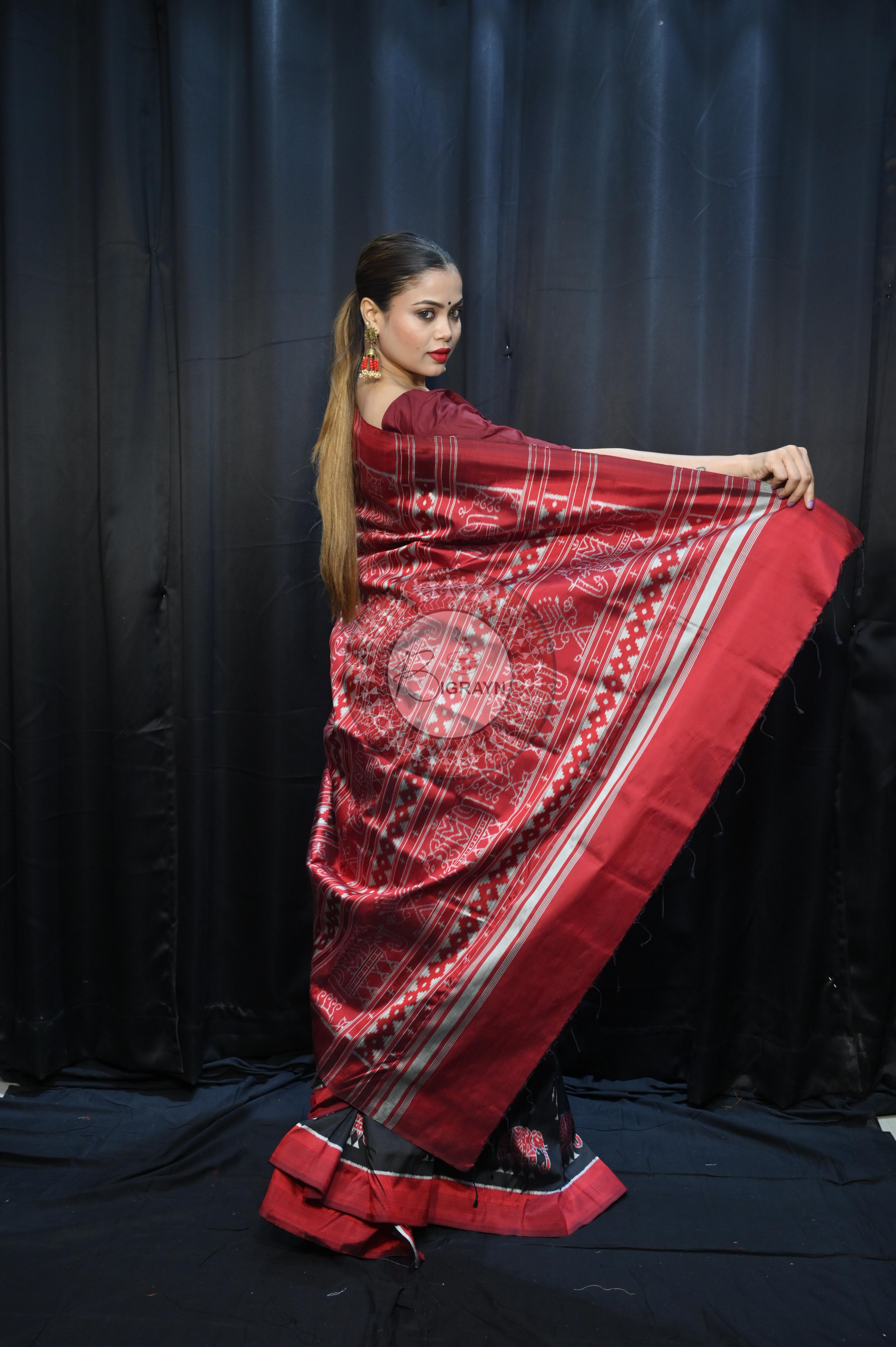 Black Red Elephant Mulberry Silk Saree
