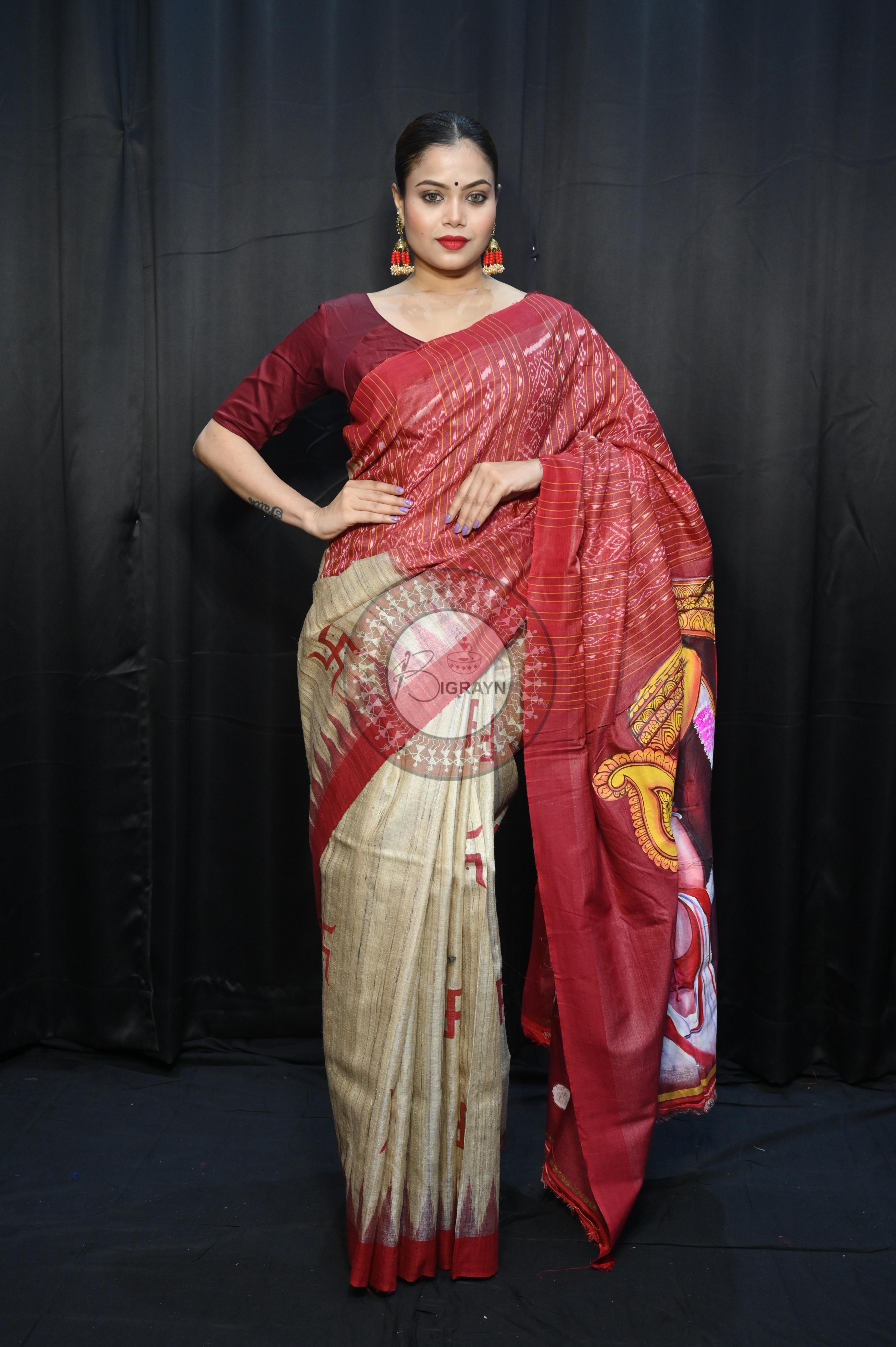 Tussarite Maroon Durga Maa Theme Pattachitra Tussar Silk Saree
