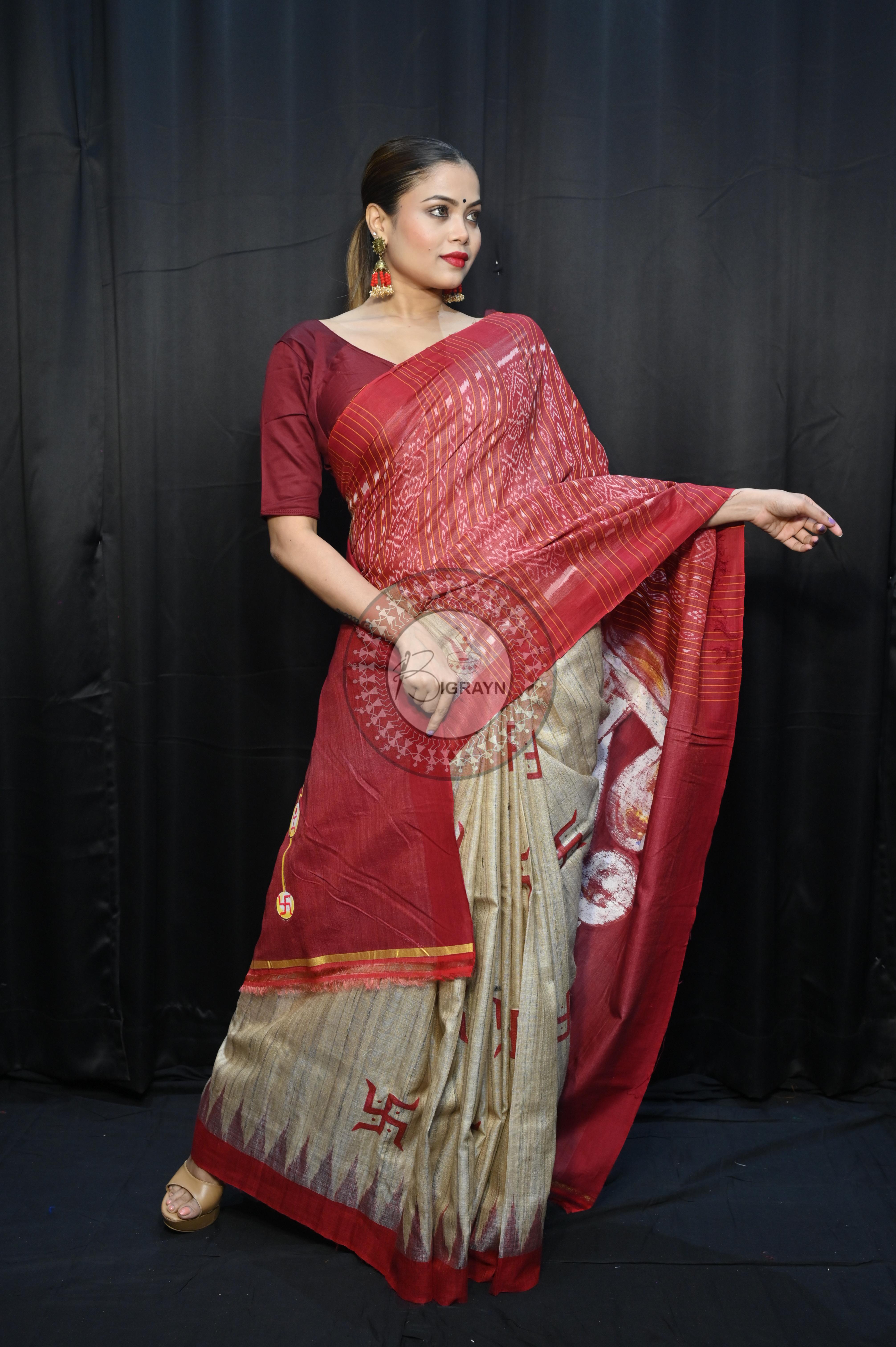 Tussarite Maroon Durga Maa Theme Pattachitra Tussar Silk Saree