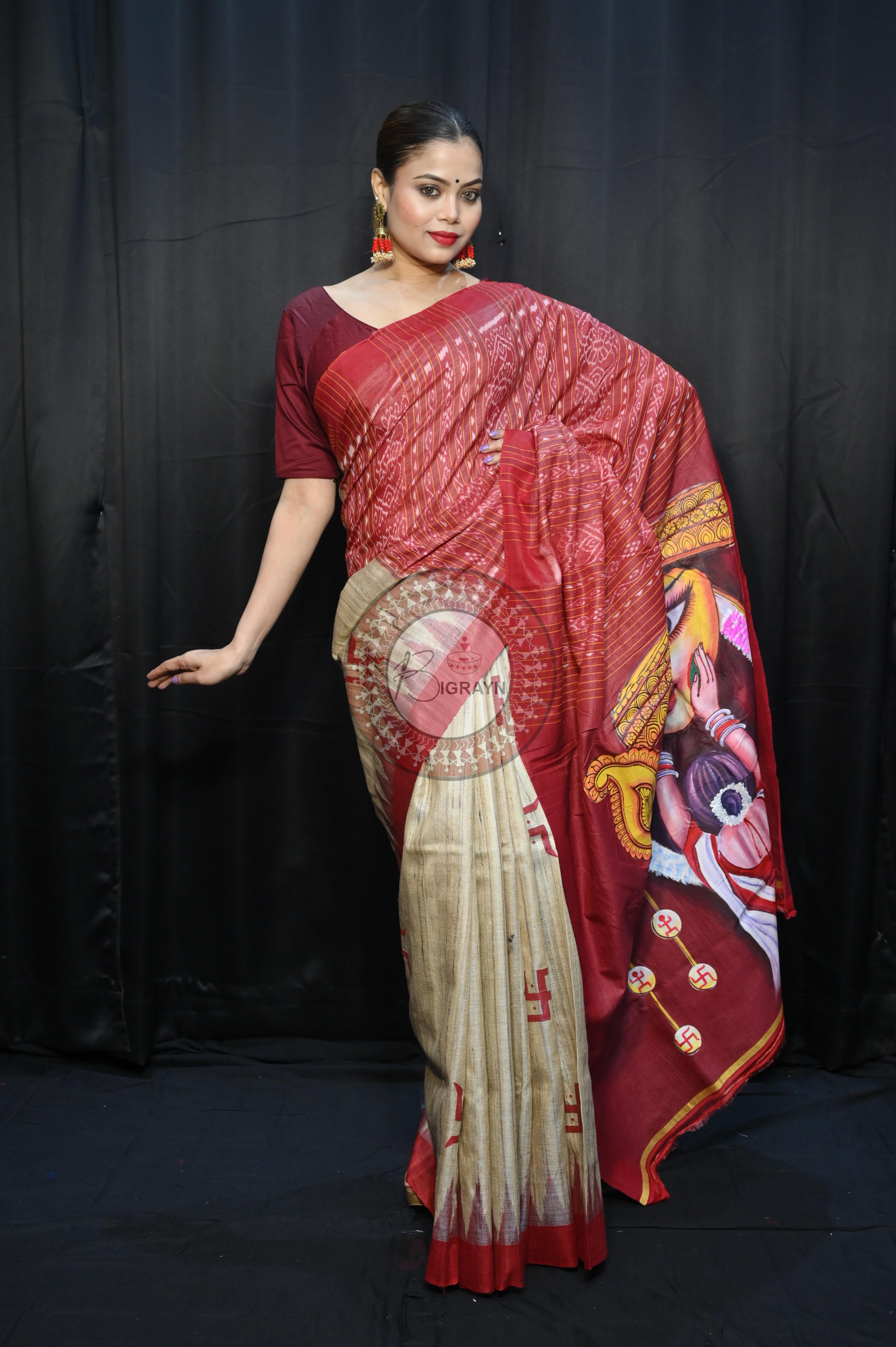 Tussarite Maroon Durga Maa Theme Pattachitra Tussar Silk Saree