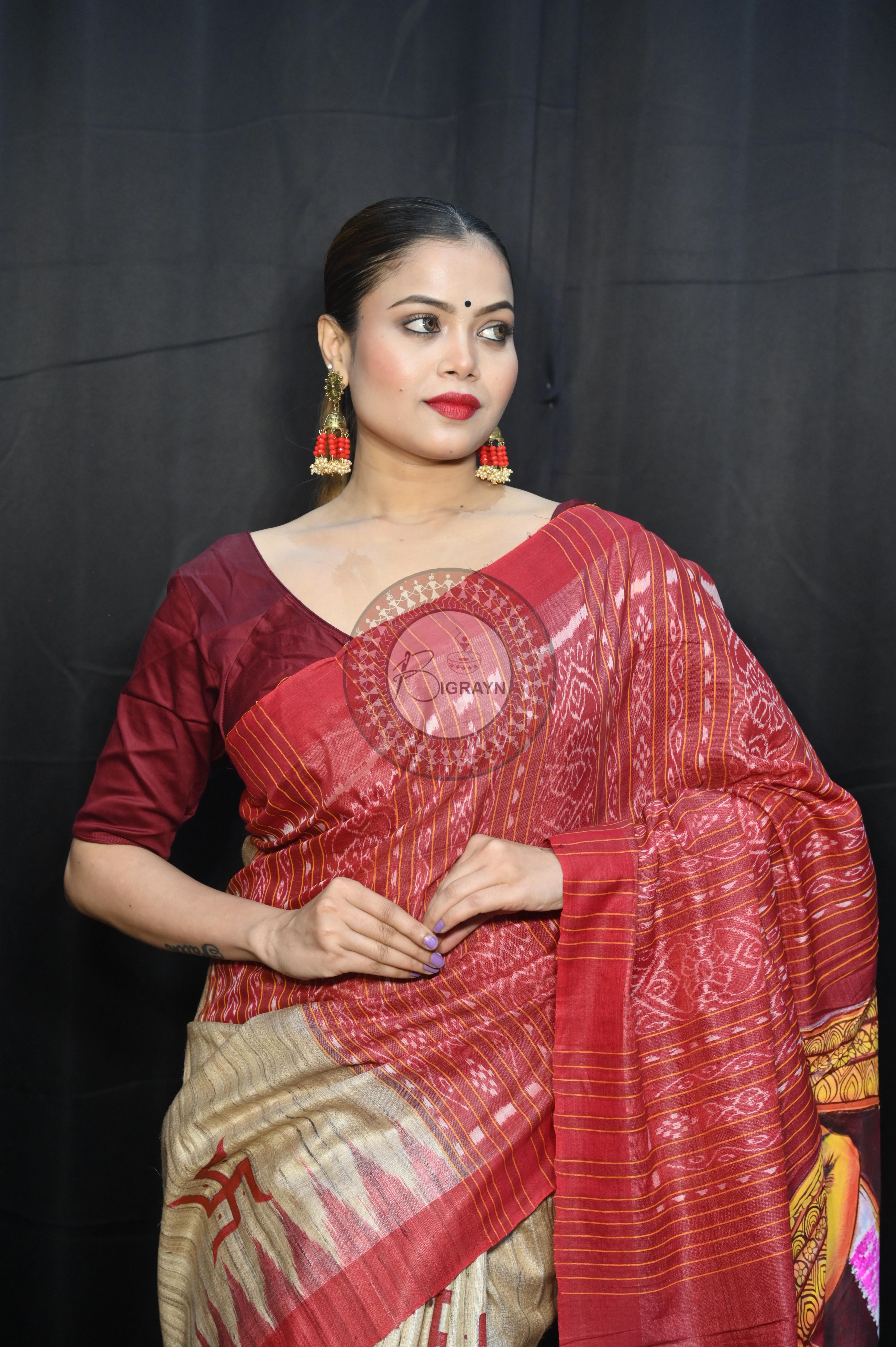 Tussarite Maroon Durga Maa Theme Pattachitra Tussar Silk Saree