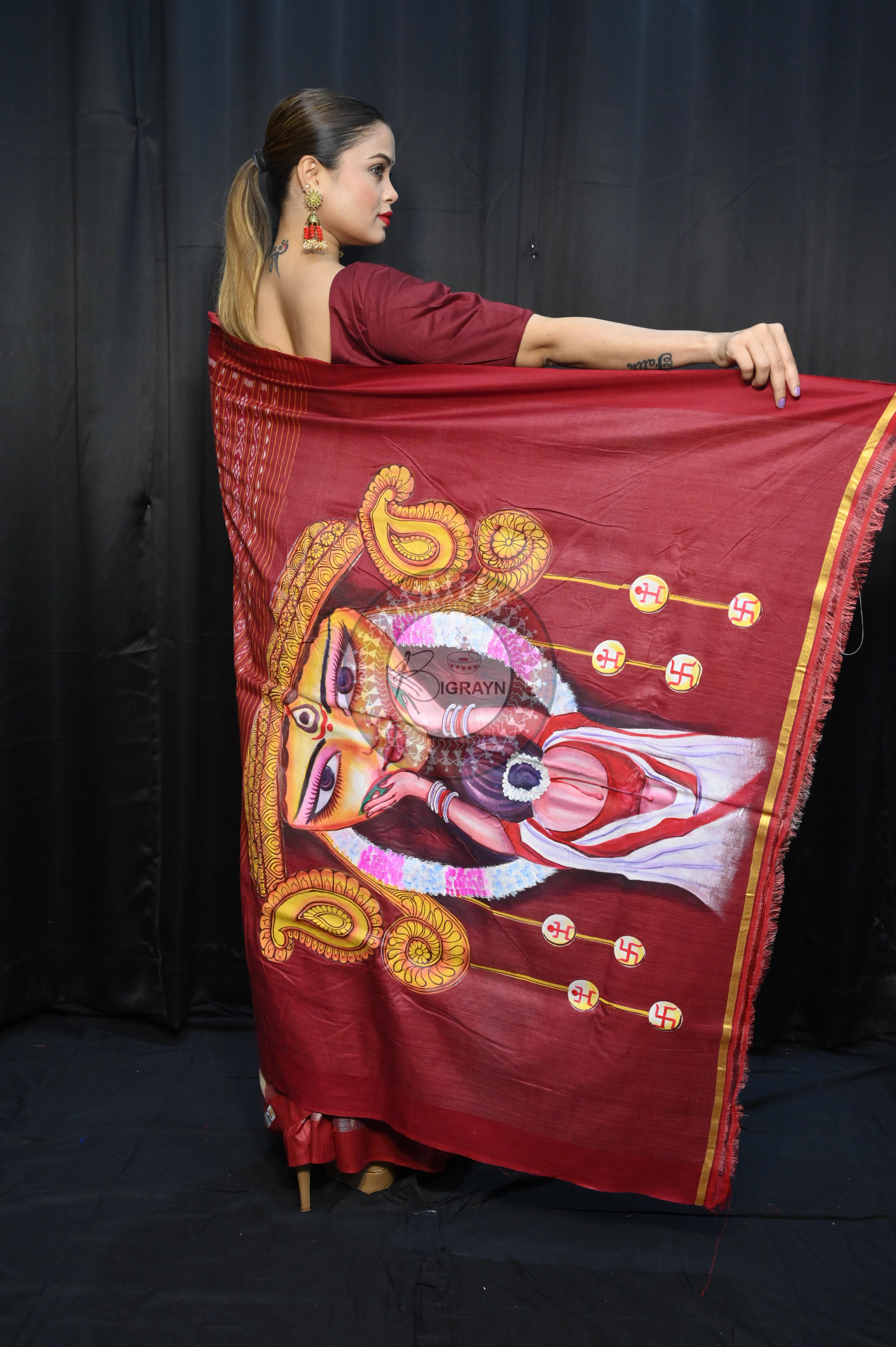 Tussarite Maroon Durga Maa Theme Pattachitra Tussar Silk Saree
