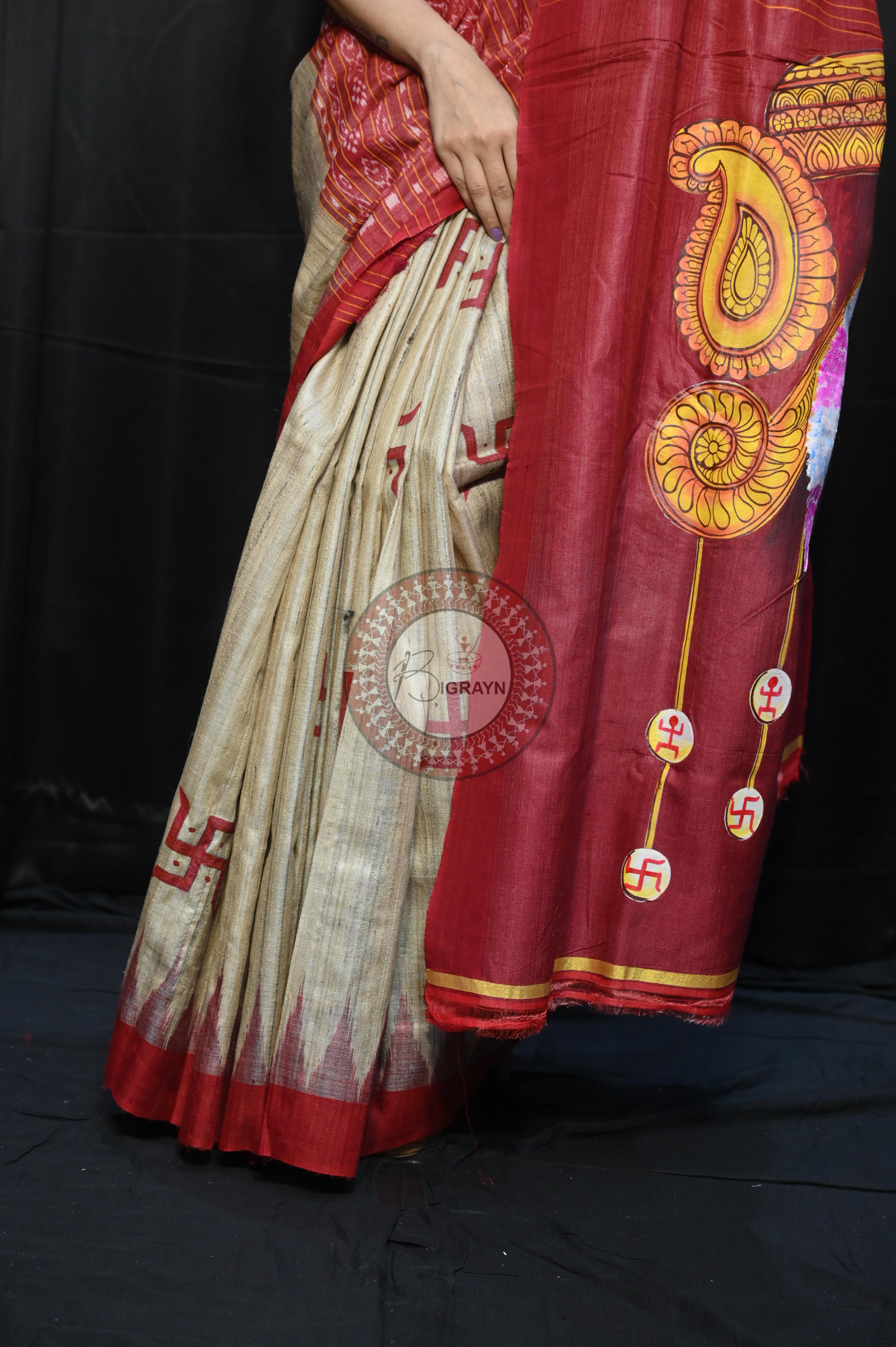 Tussarite Maroon Durga Maa Theme Pattachitra Tussar Silk Saree