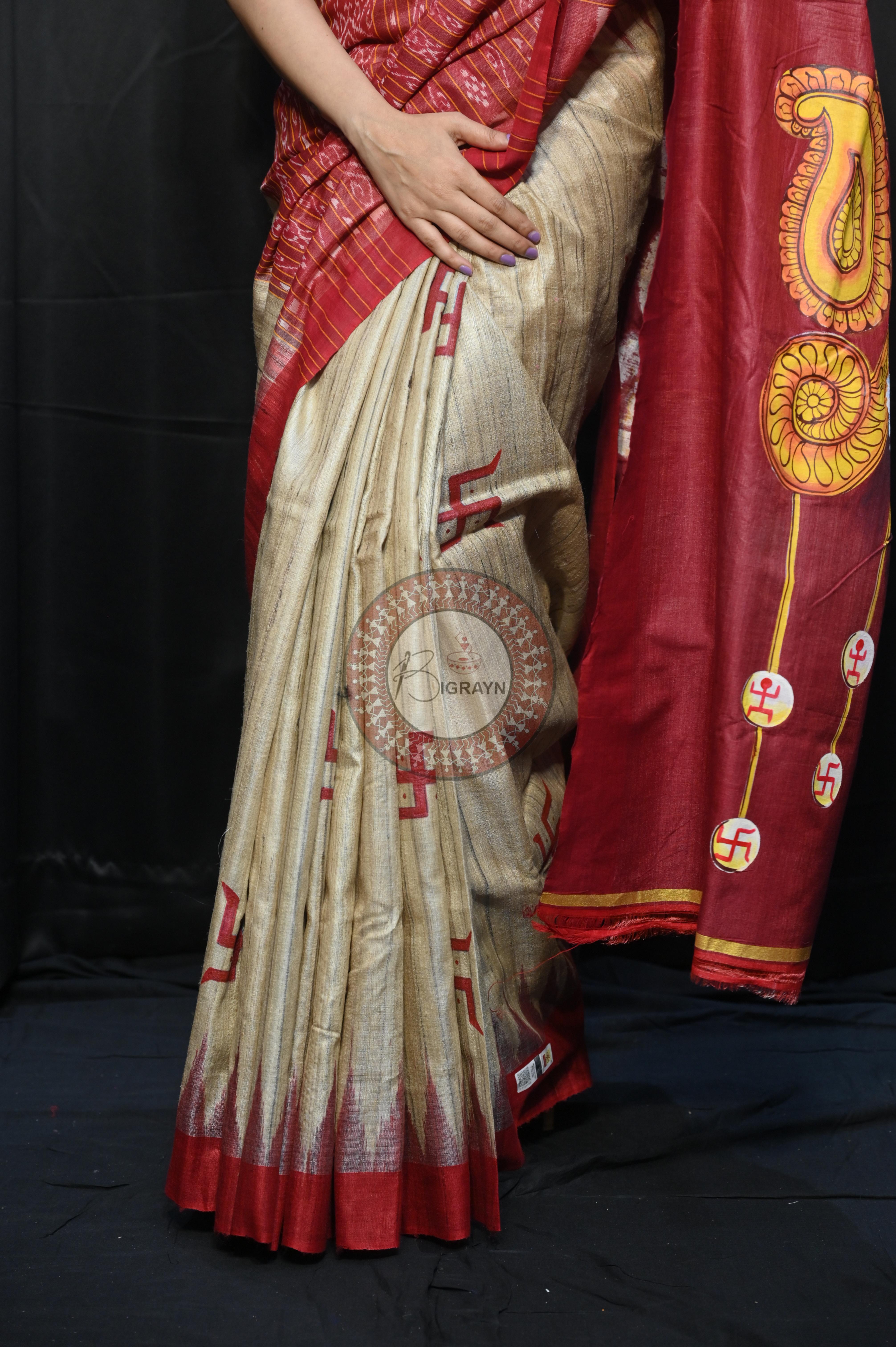Tussarite Maroon Durga Maa Theme Pattachitra Tussar Silk Saree