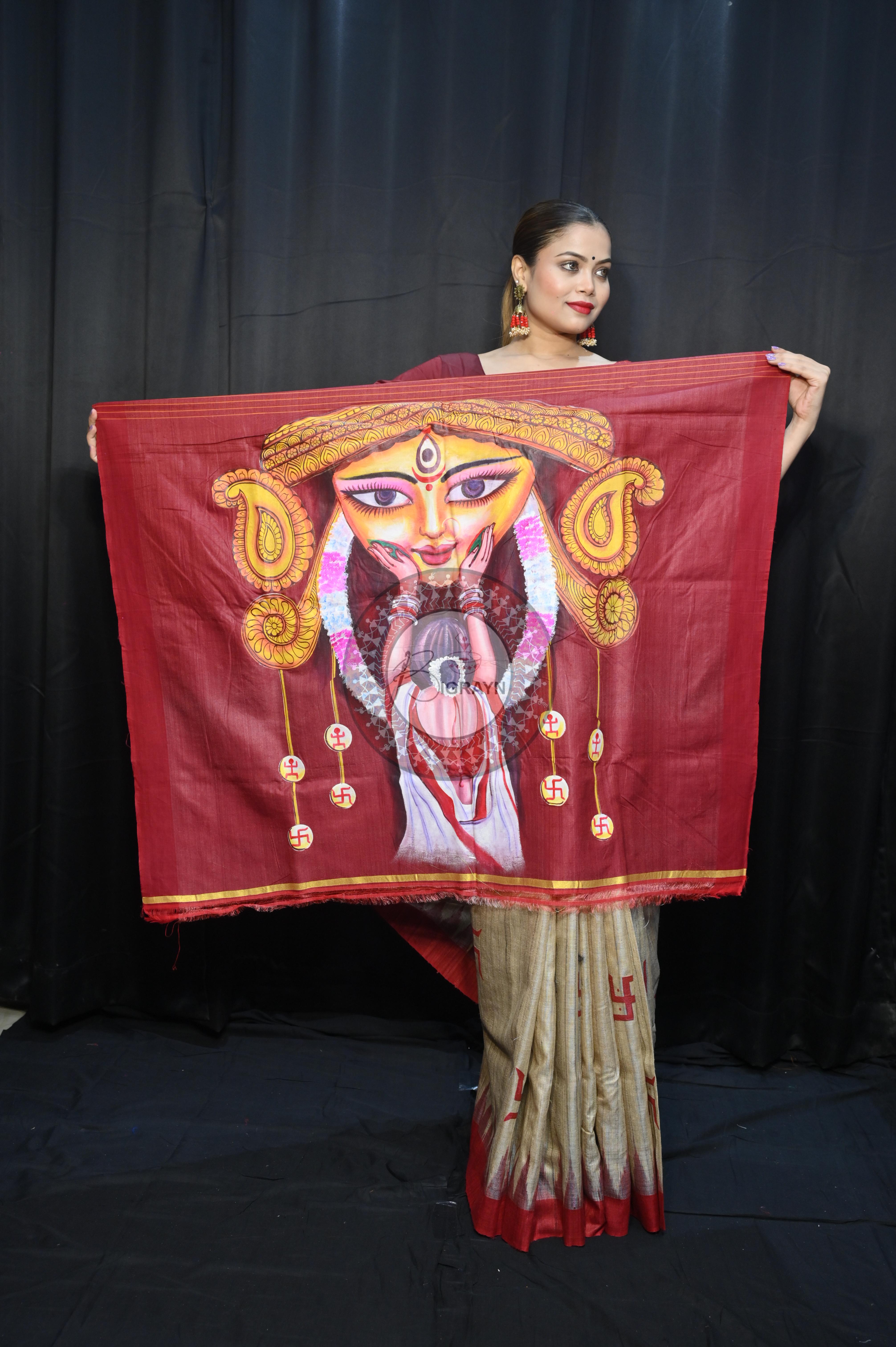 Tussarite Maroon Durga Maa Theme Pattachitra Tussar Silk Saree