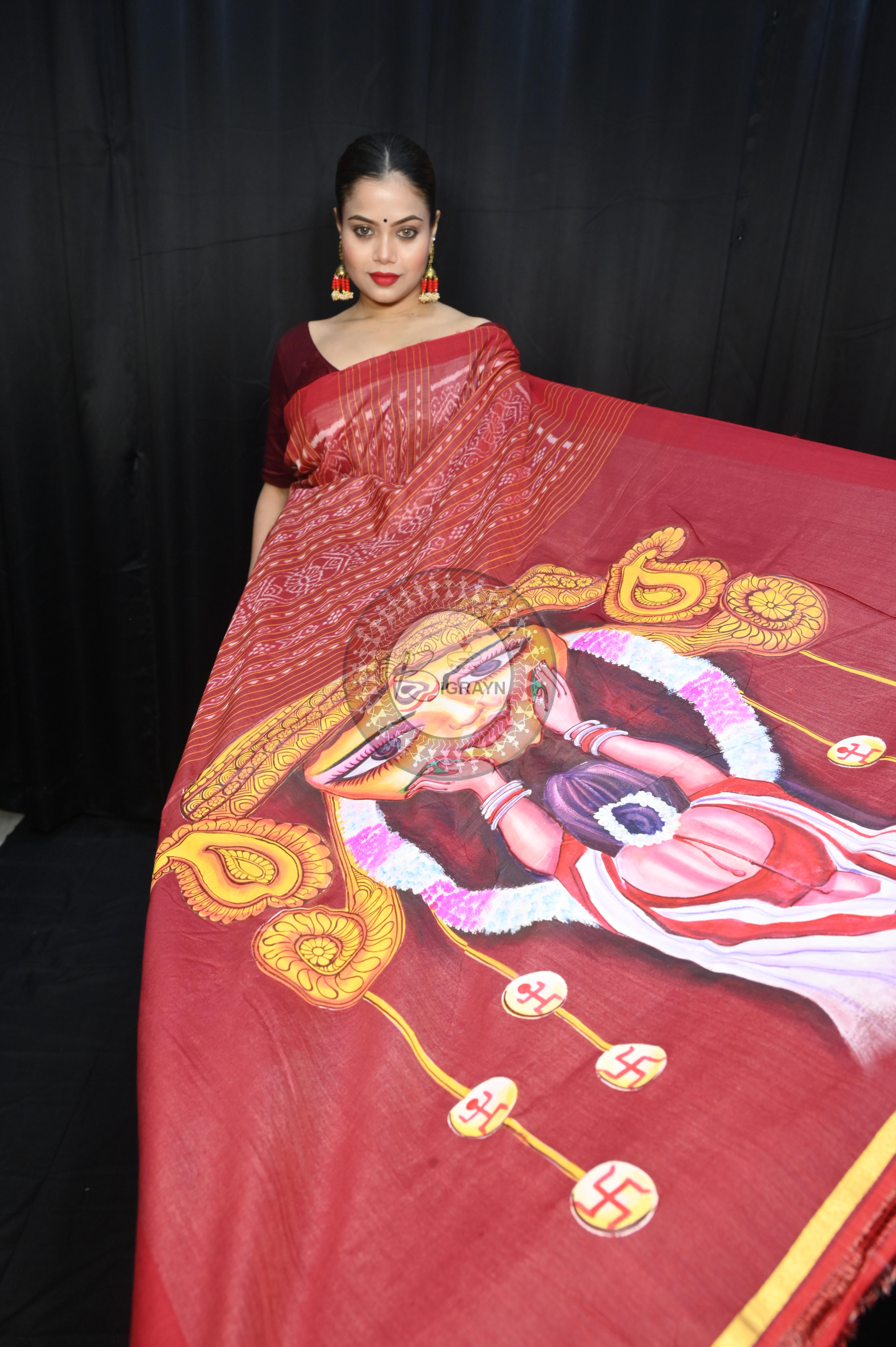 Tussarite Maroon Durga Maa Theme Pattachitra Tussar Silk Saree