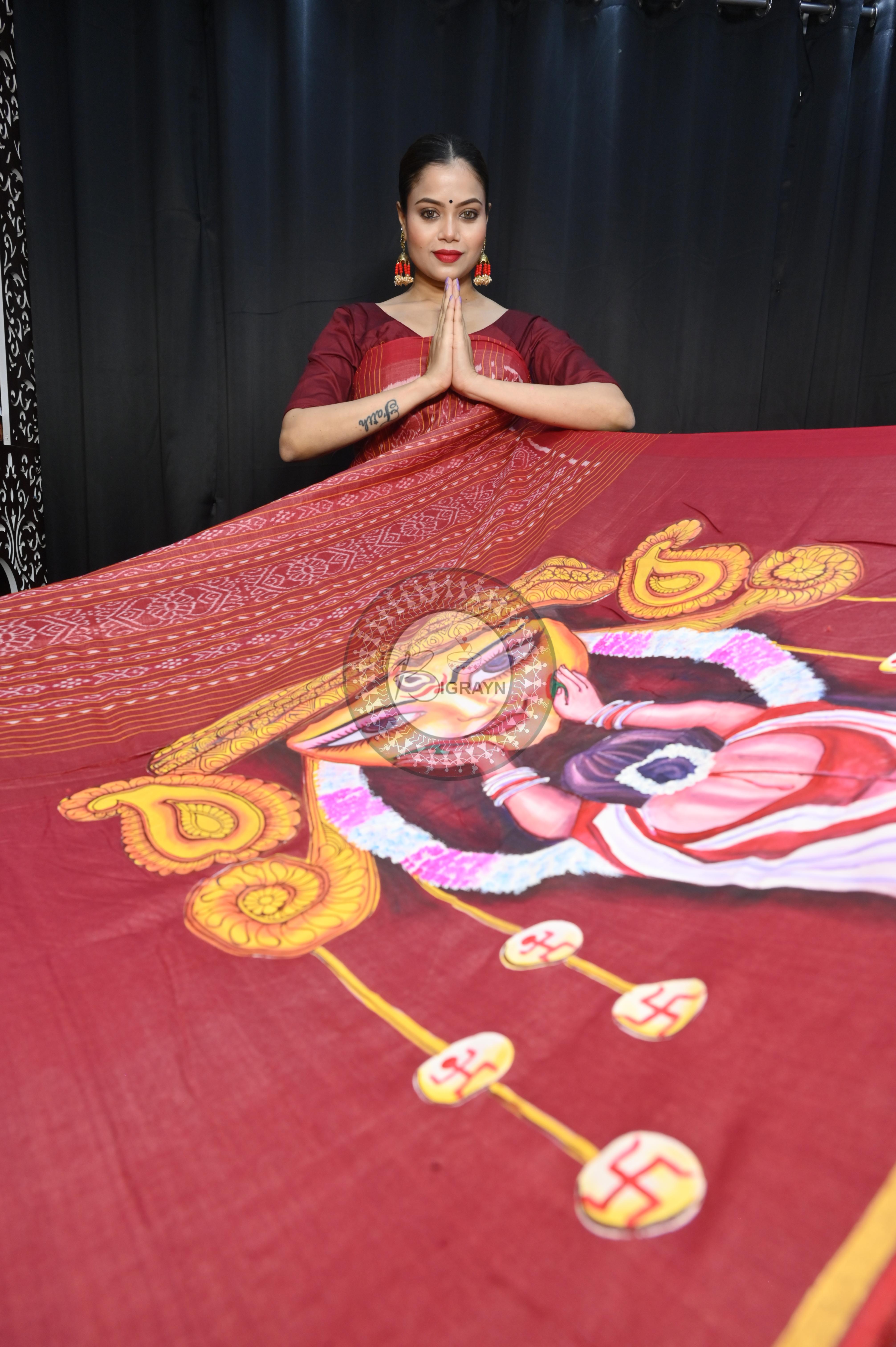 Tussarite Maroon Durga Maa Theme Pattachitra Tussar Silk Saree