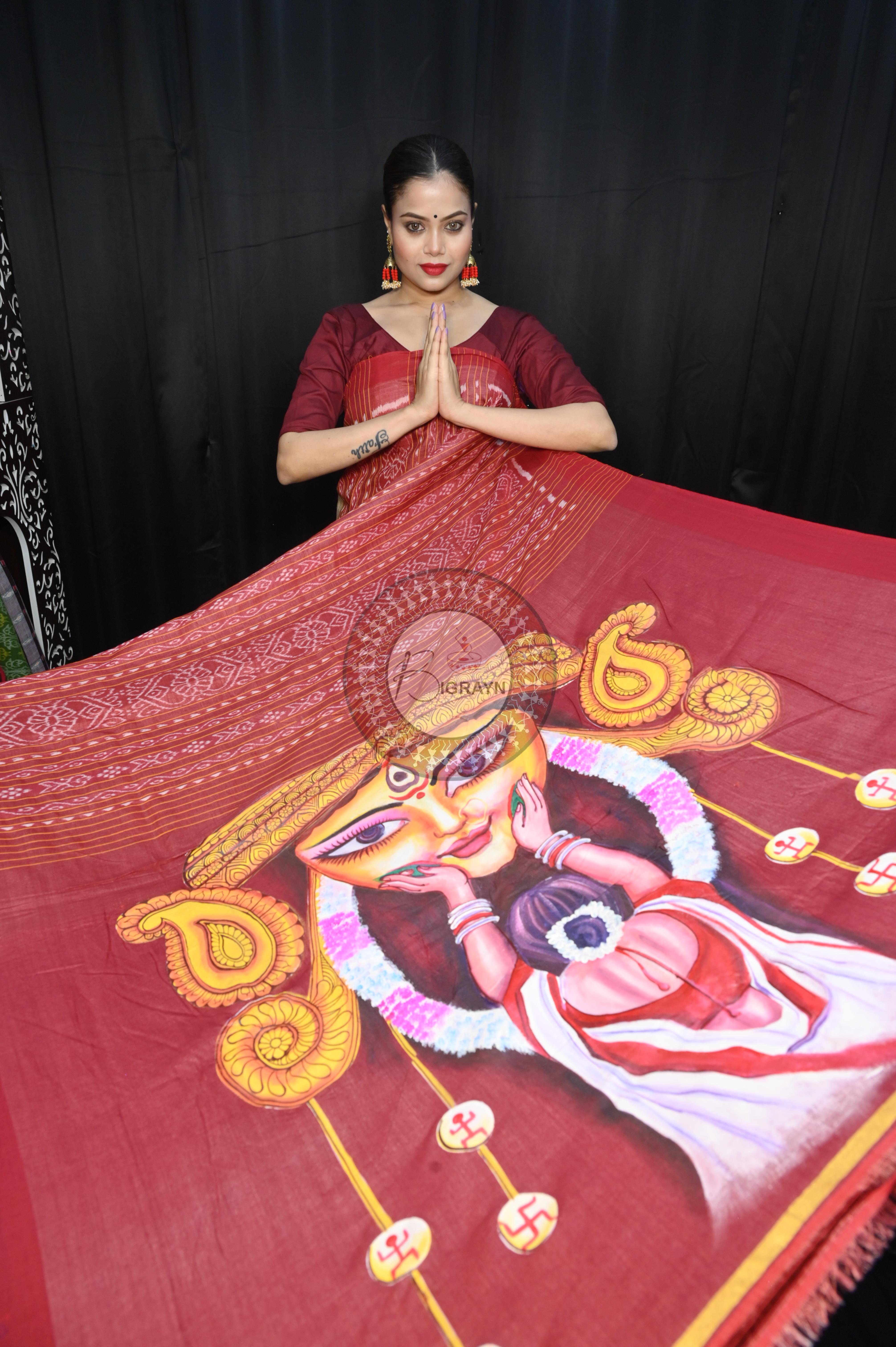 Tussarite Maroon Durga Maa Theme Pattachitra Tussar Silk Saree