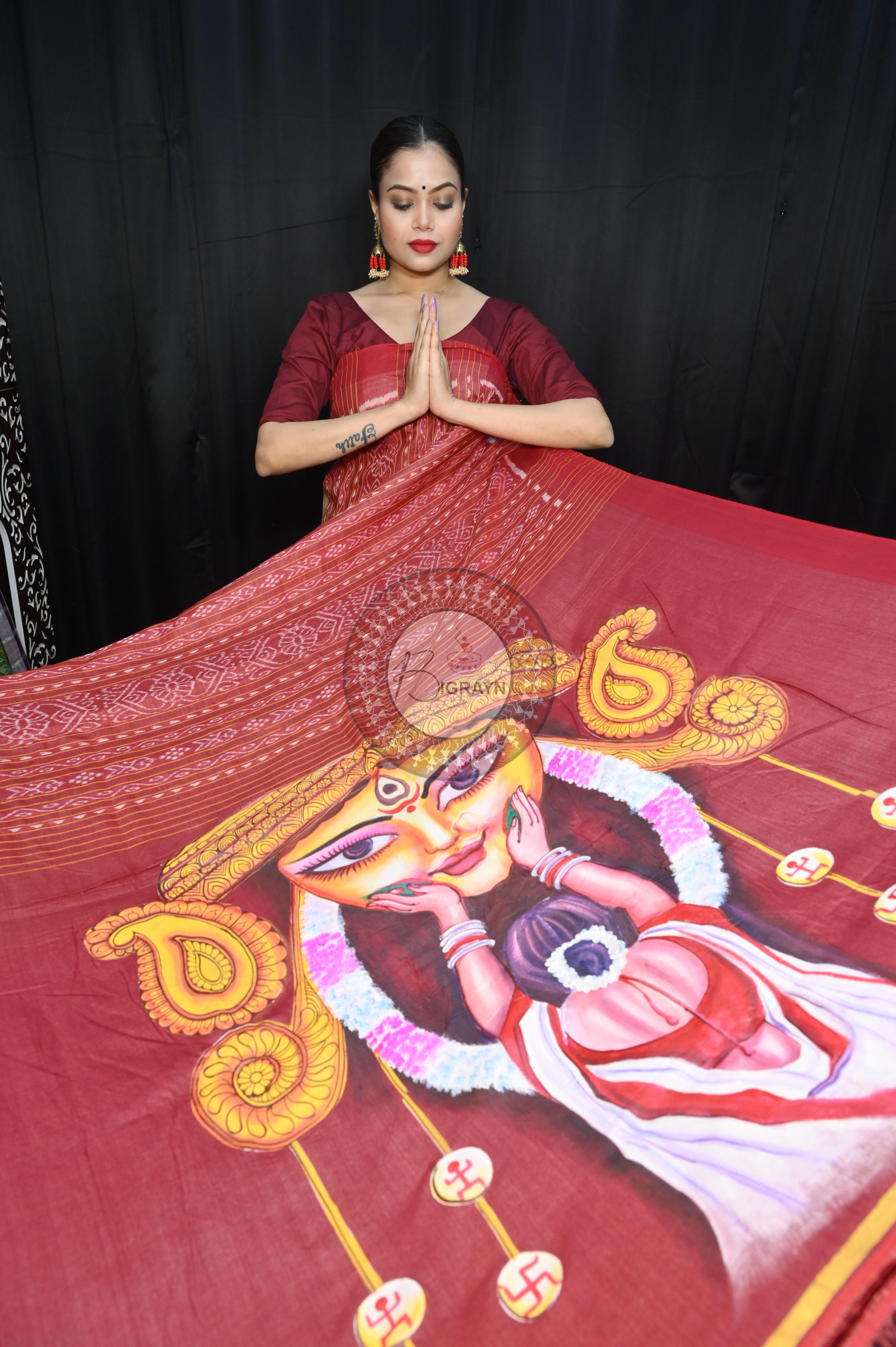 Tussarite Maroon Durga Maa Theme Pattachitra Tussar Silk Saree