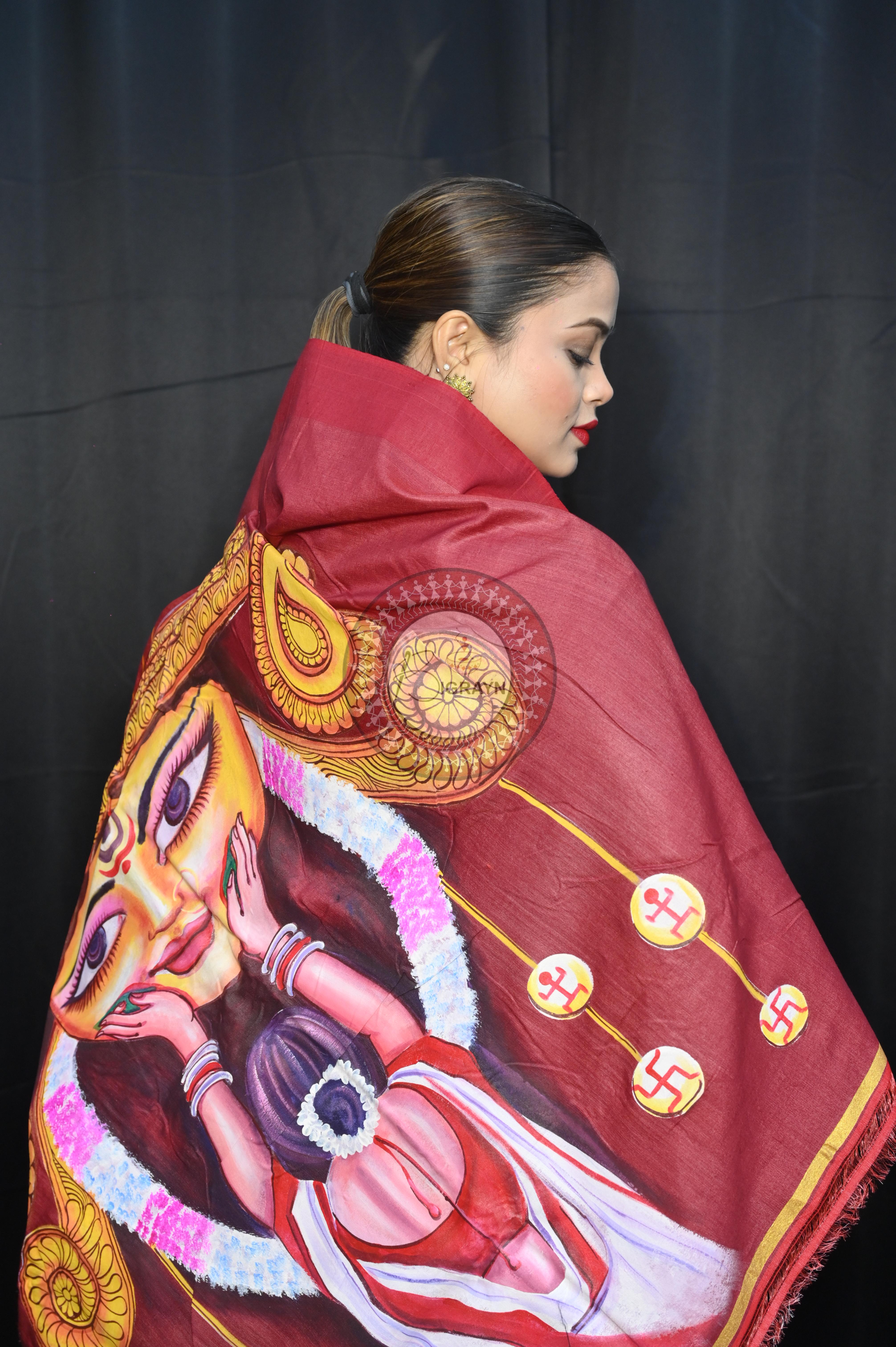 Tussarite Maroon Durga Maa Theme Pattachitra Tussar Silk Saree