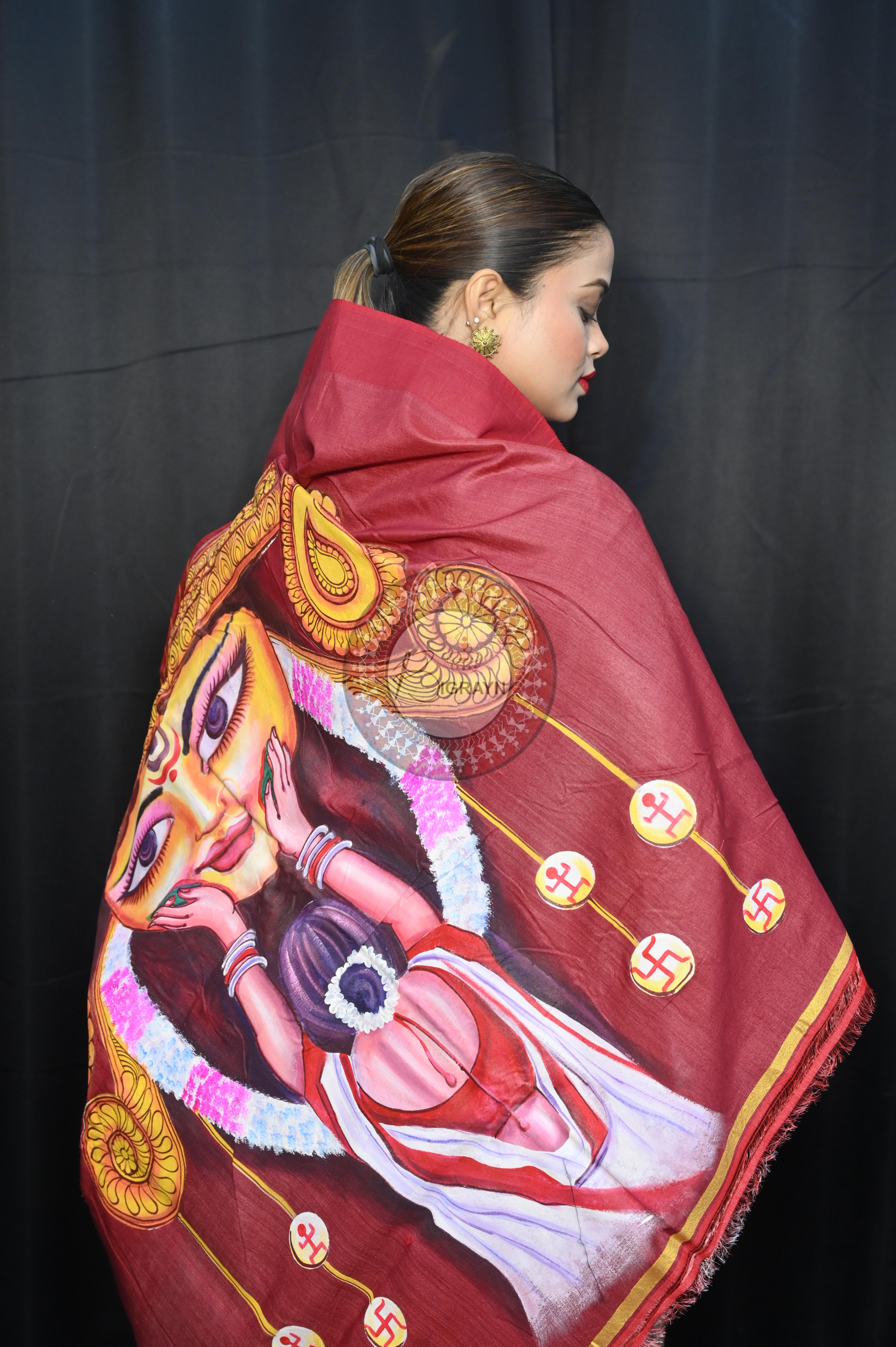 Tussarite Maroon Durga Maa Theme Pattachitra Tussar Silk Saree