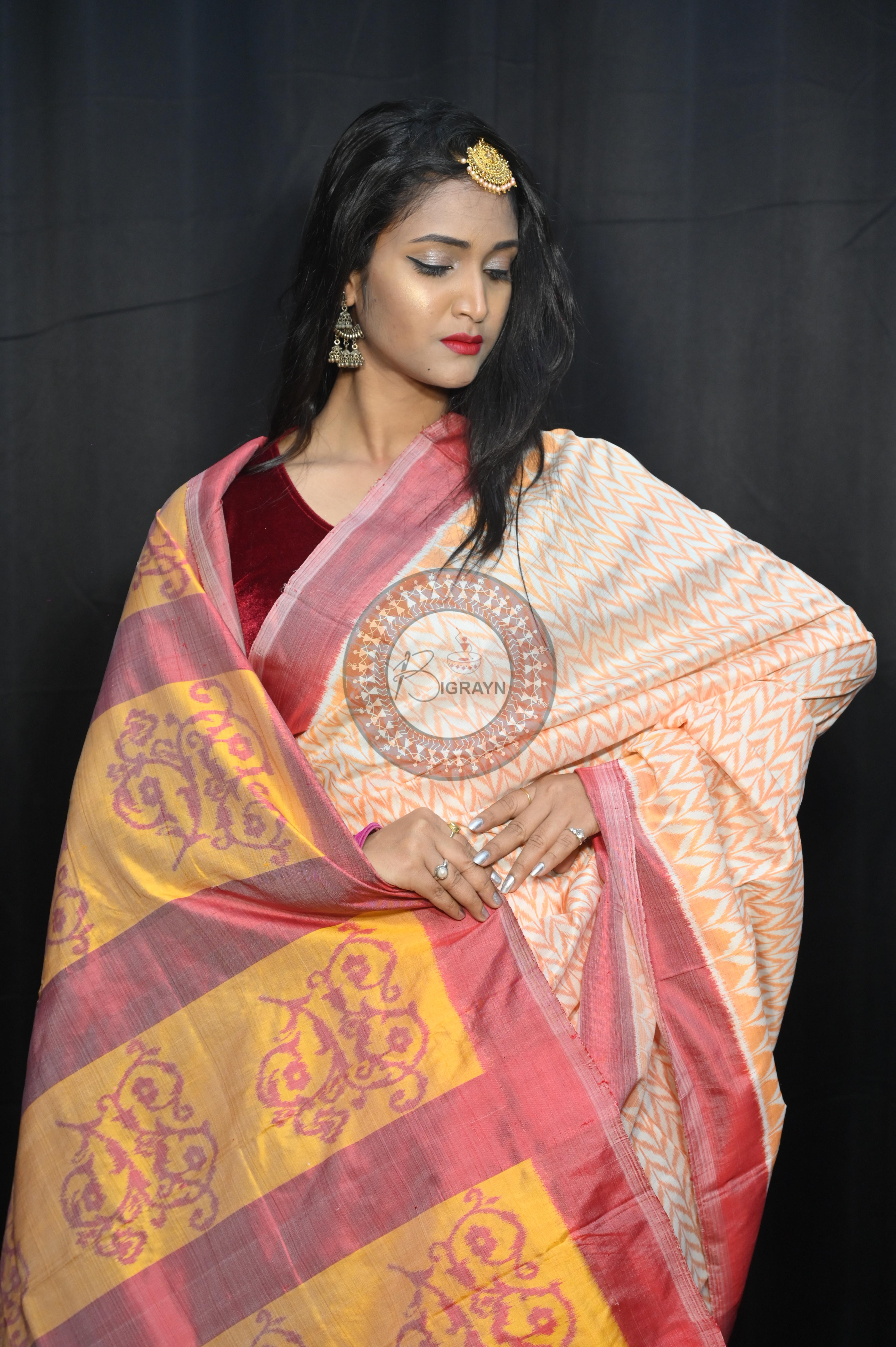 Creame Maroon Arrow Mulberry Silk Saree