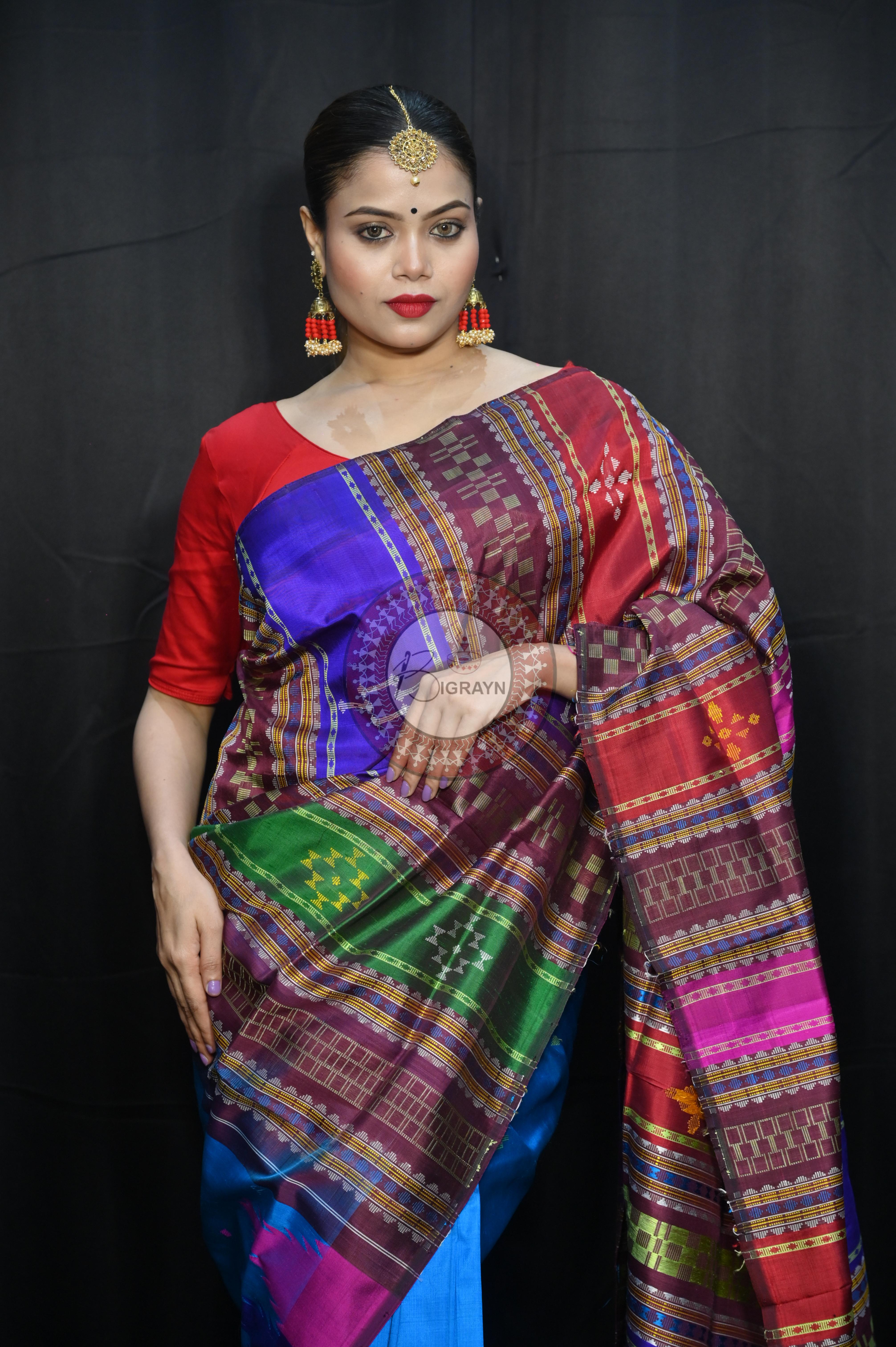 Teal Blue Multi Colour Border Double Anchal Berhampuri Silk Saree