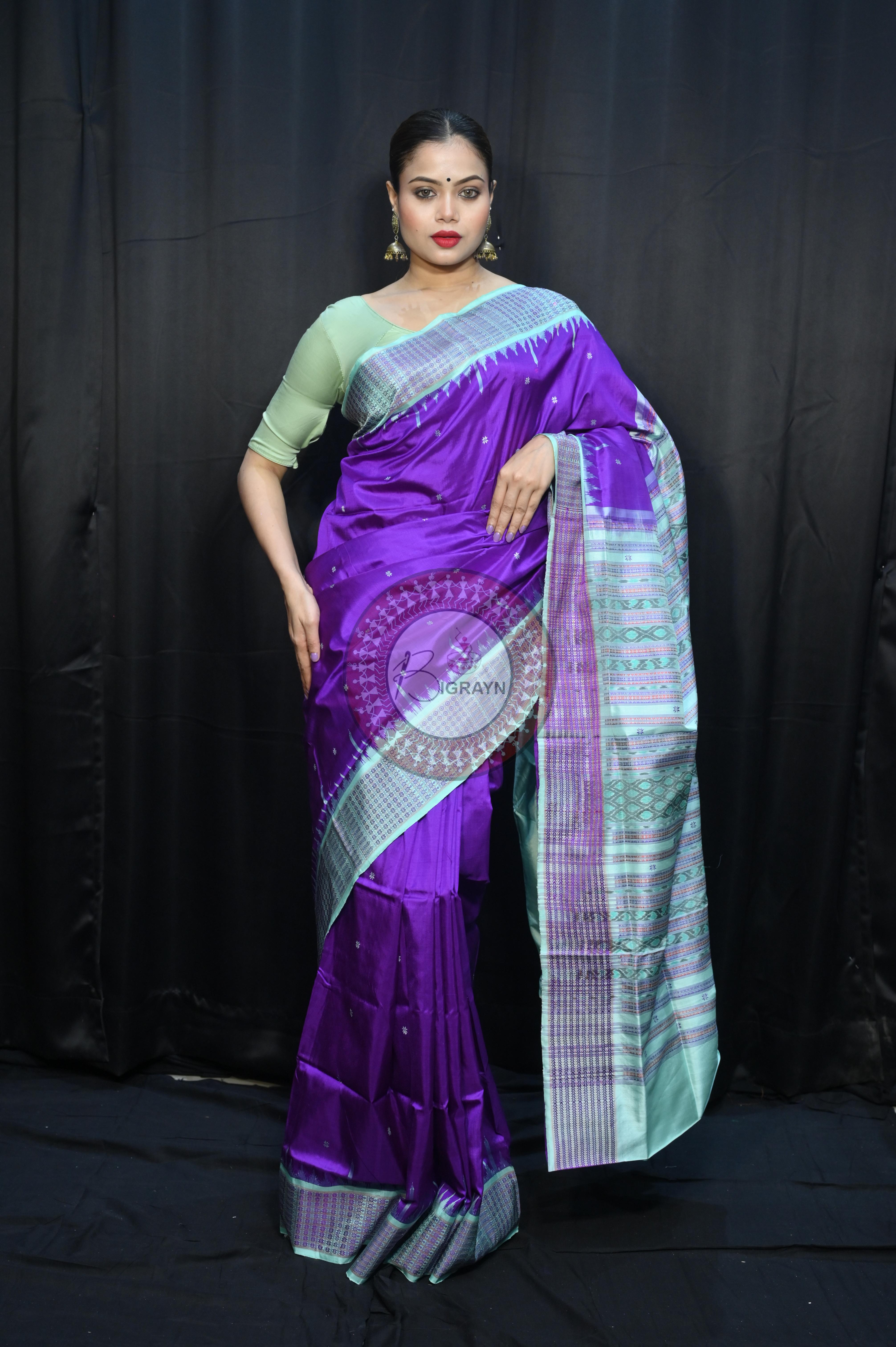 Purple Aqua Dash Phulia Border Bomkai Silk Saree