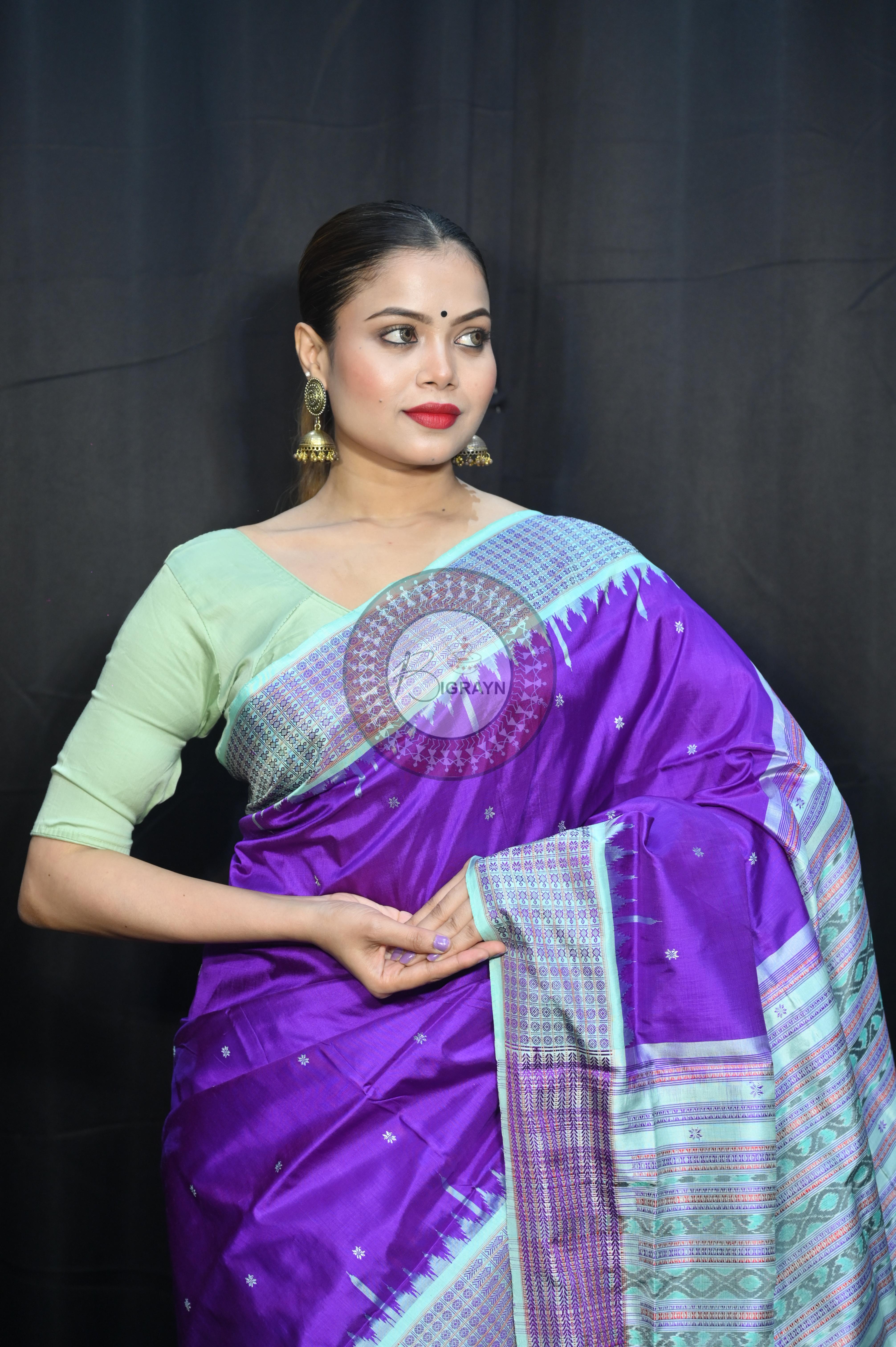 Purple Aqua Dash Phulia Border Bomkai Silk Saree
