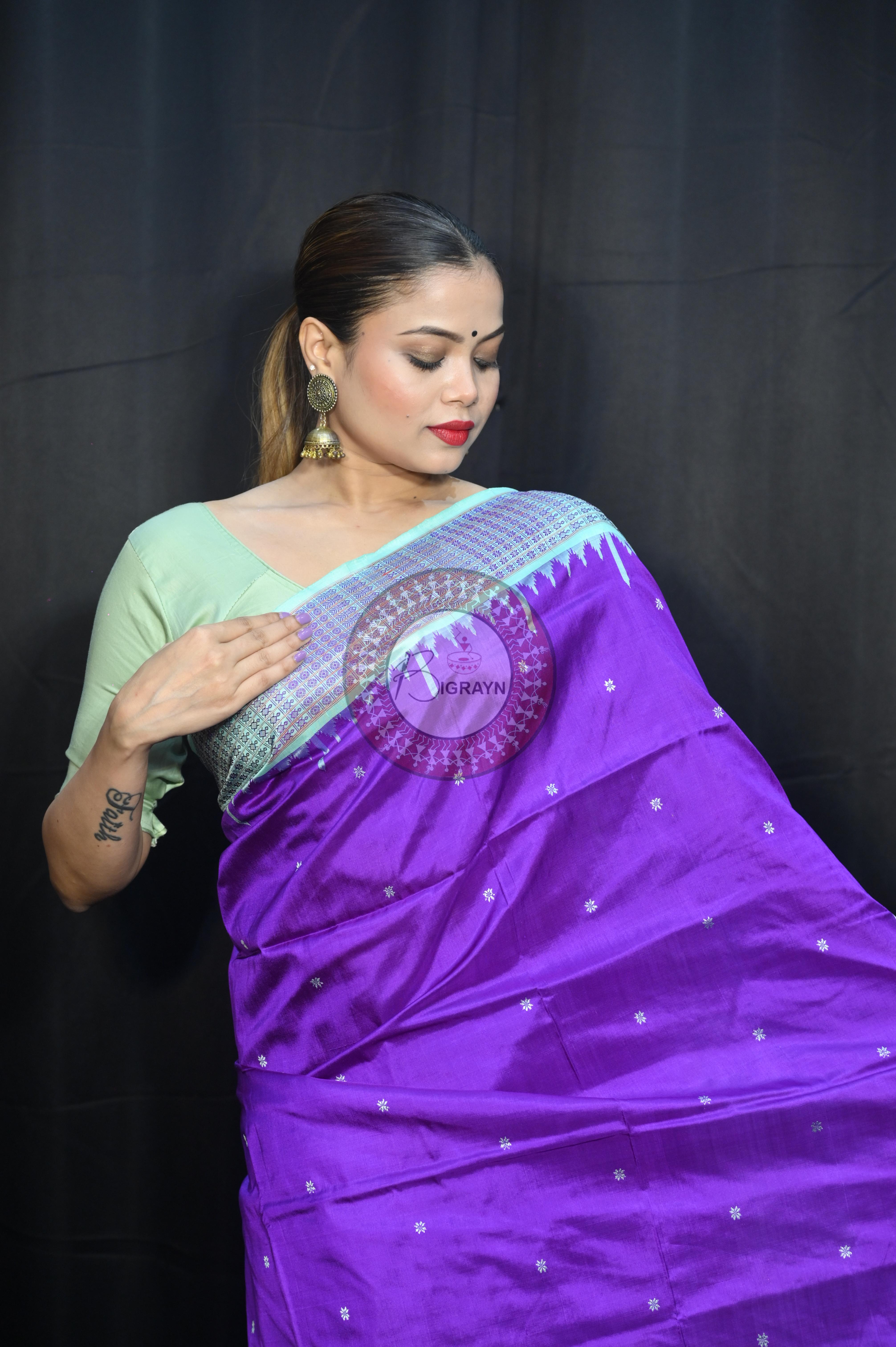 Purple Aqua Dash Phulia Border Bomkai Silk Saree