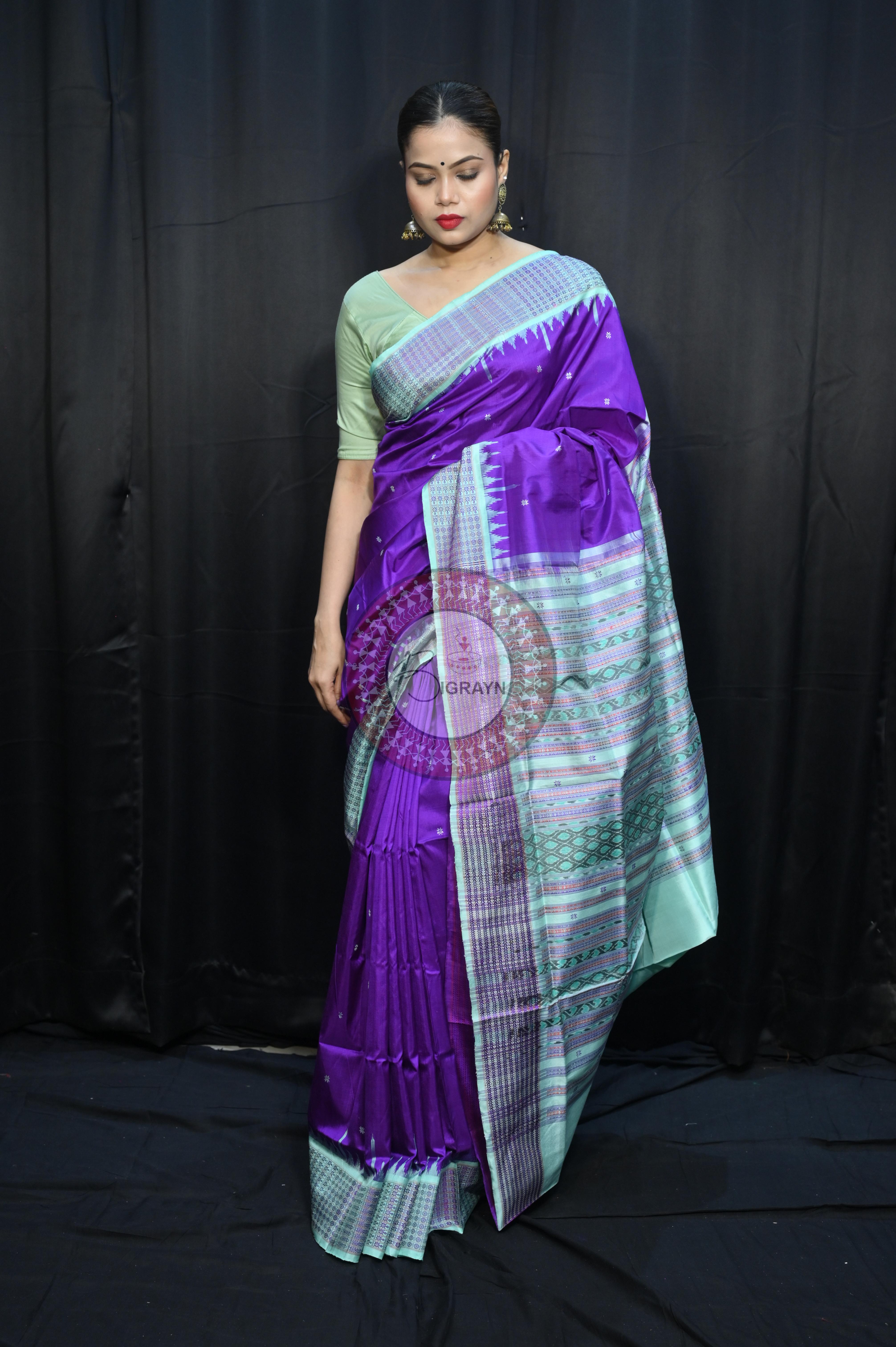 Purple Aqua Dash Phulia Border Bomkai Silk Saree