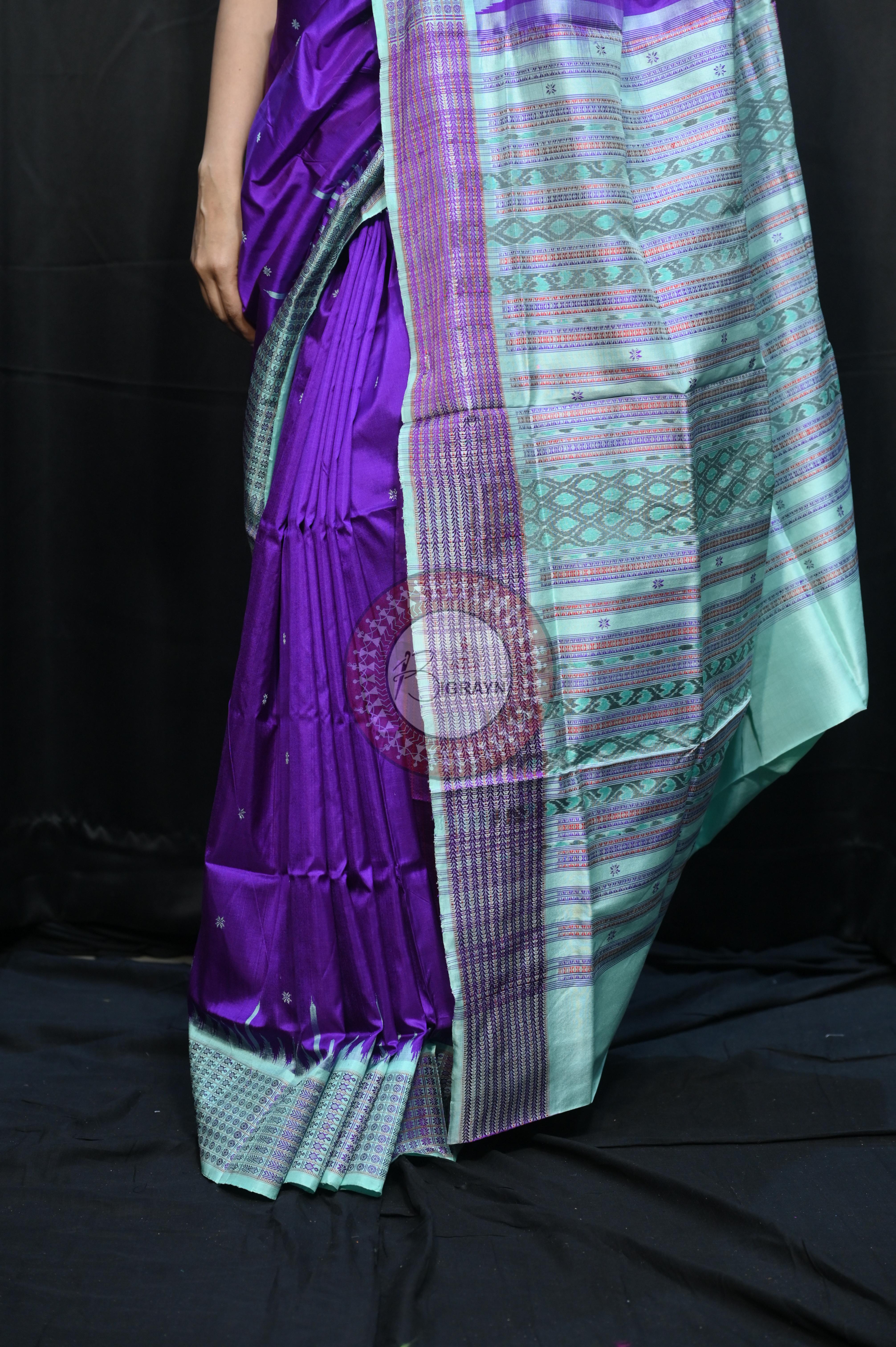Purple Aqua Dash Phulia Border Bomkai Silk Saree