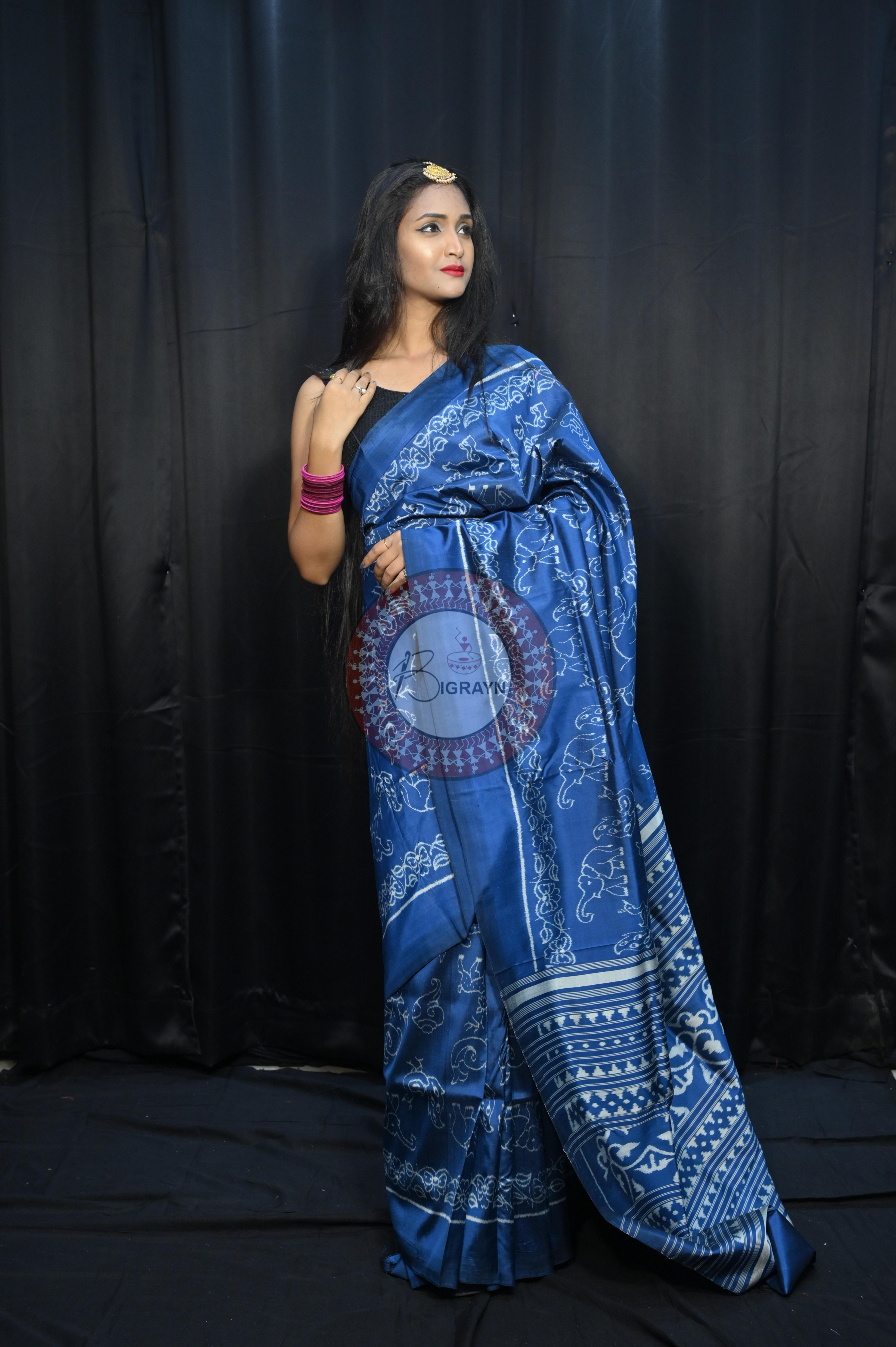 Indigo Blue Animal Mulberry Silk Saree