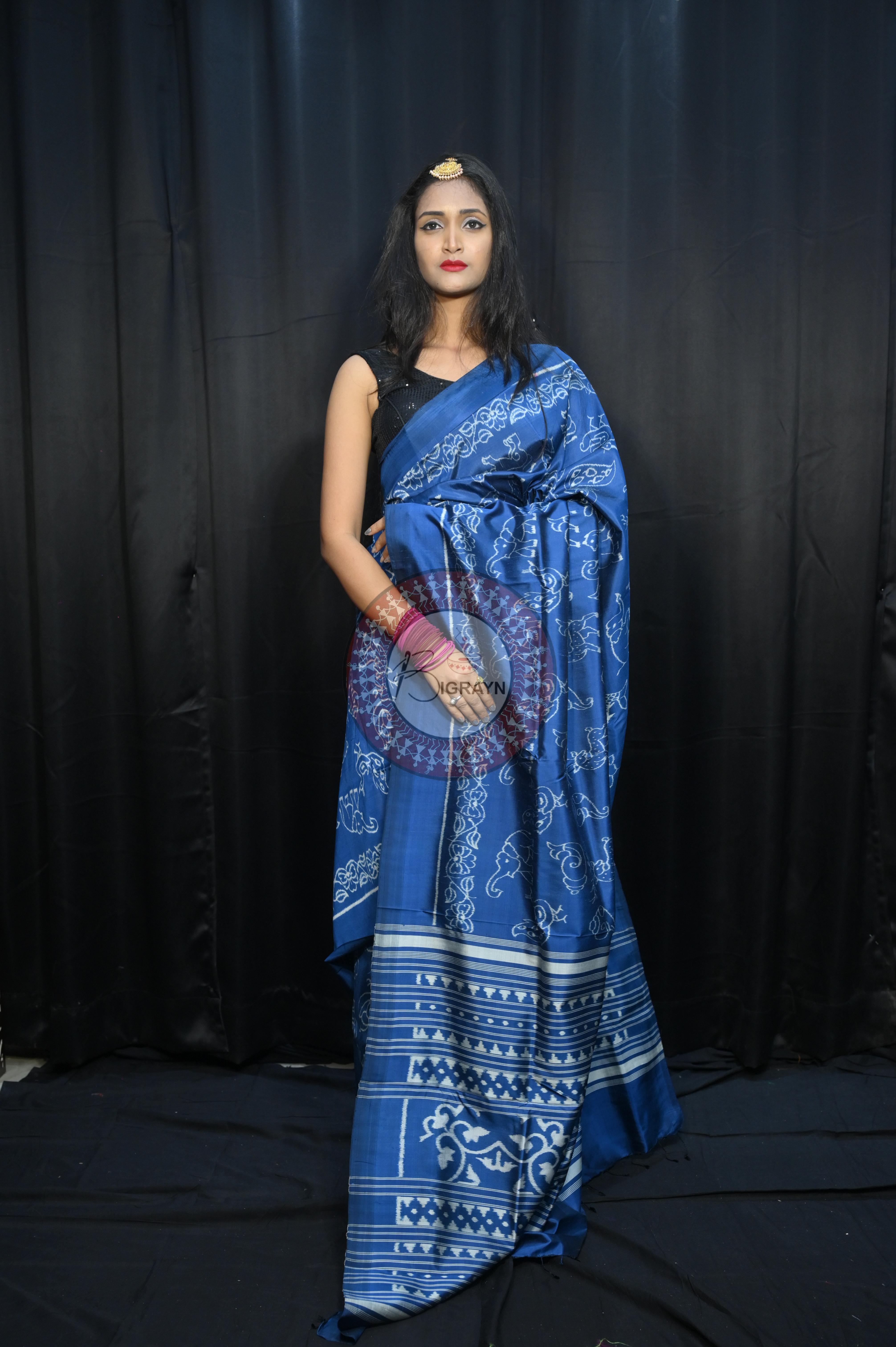 Indigo Blue Animal Mulberry Silk Saree