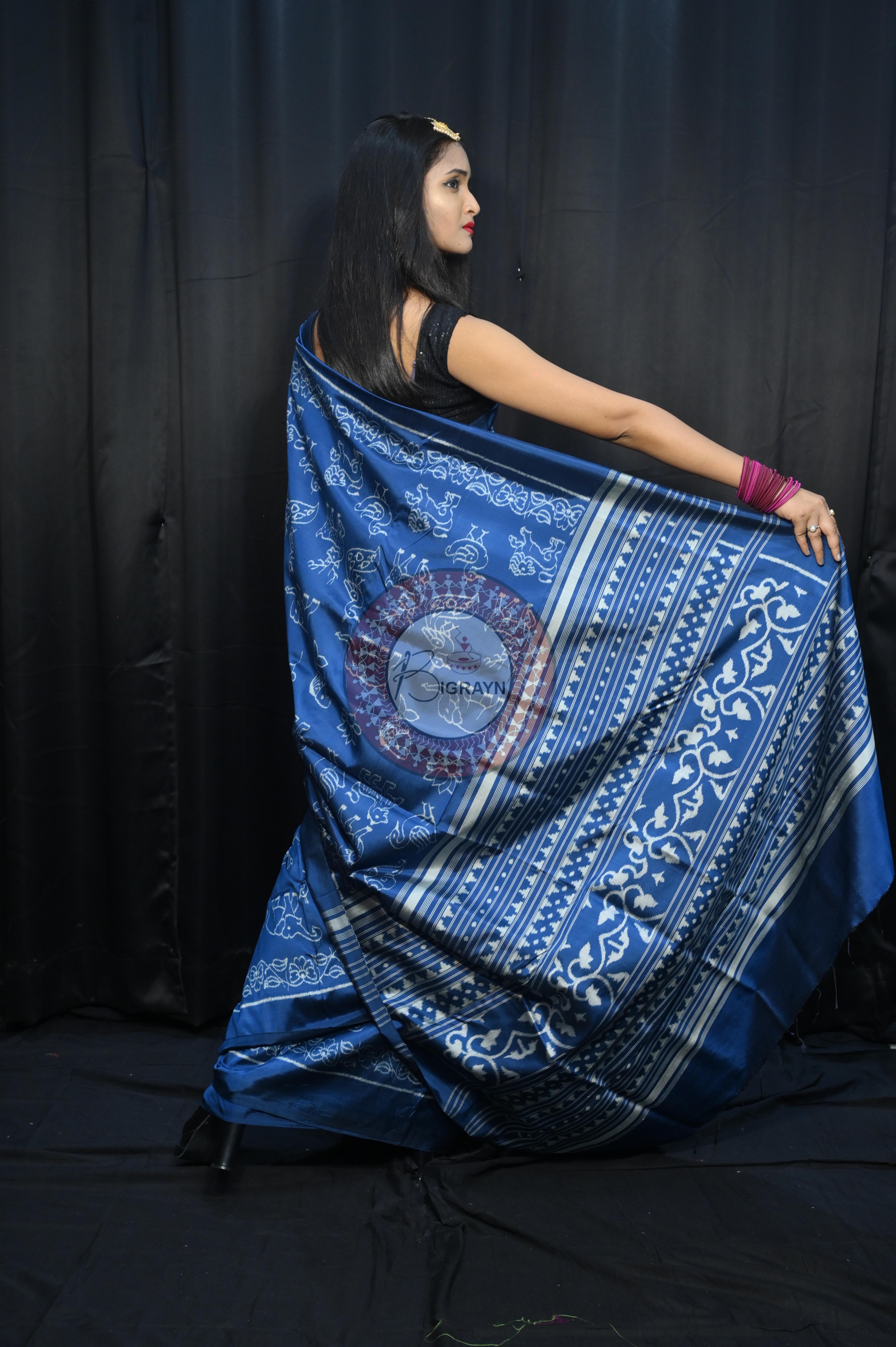 Indigo Blue Animal Mulberry Silk Saree