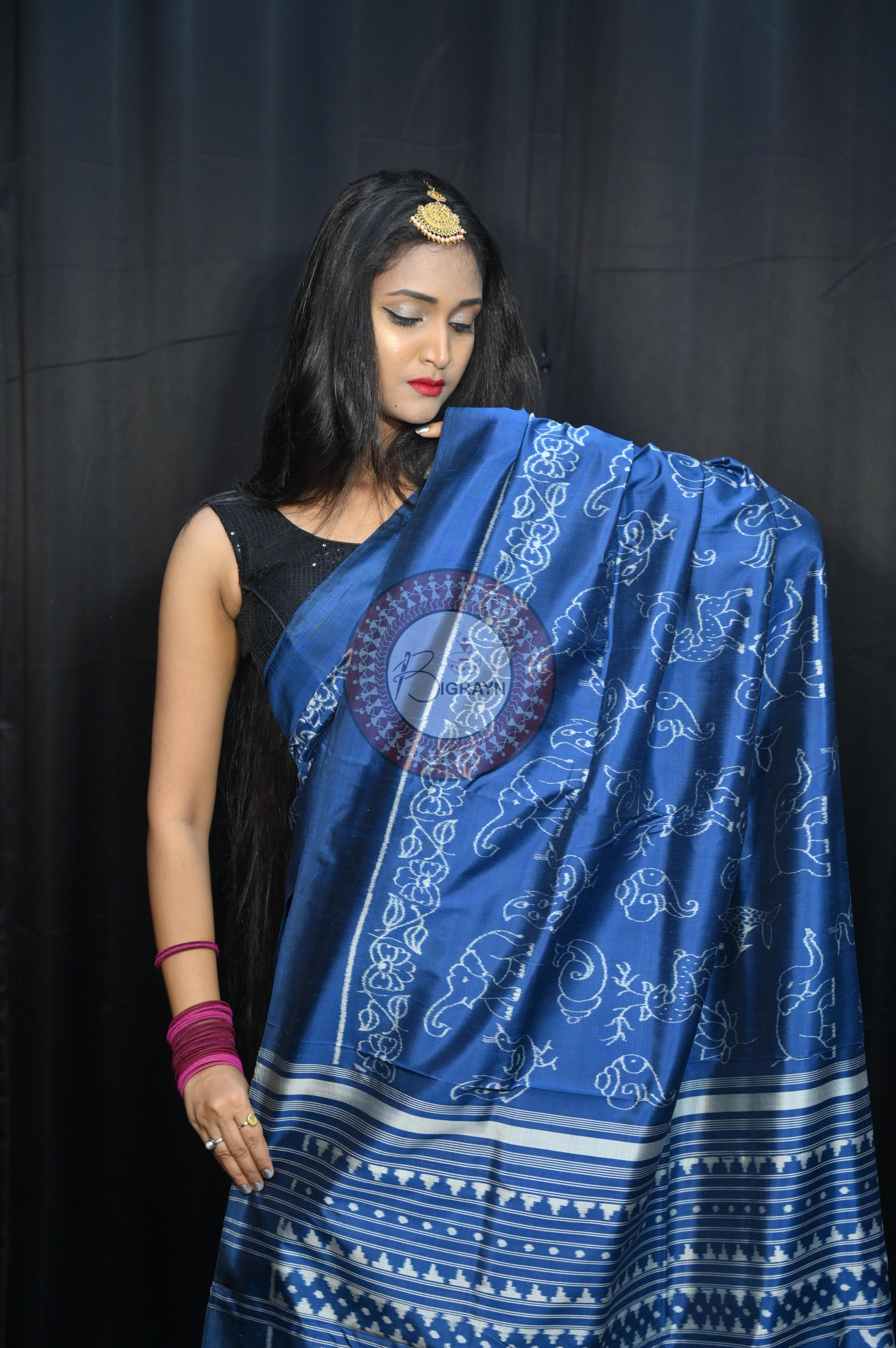 Indigo Blue Animal Mulberry Silk Saree
