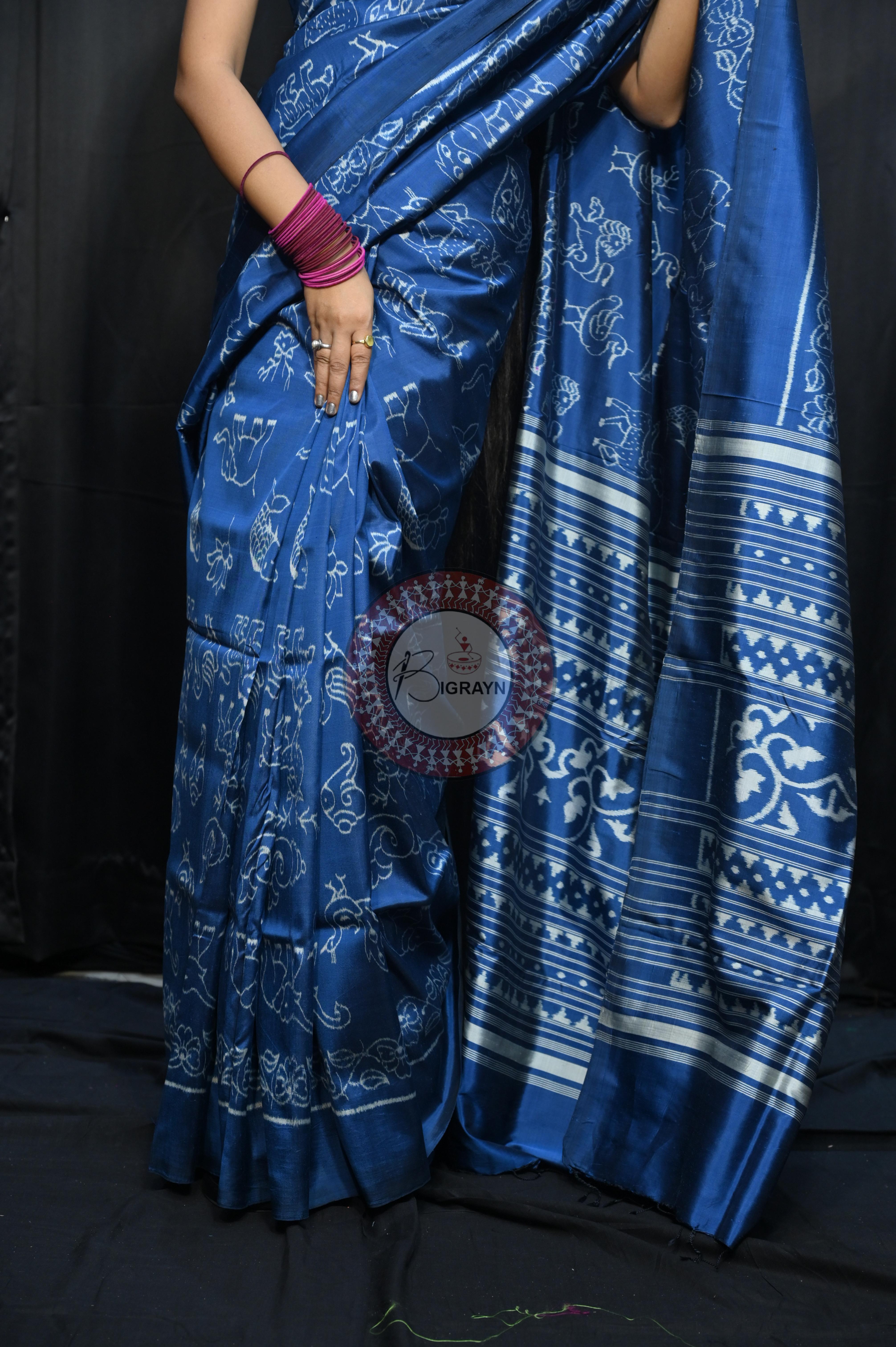 Indigo Blue Animal Mulberry Silk Saree