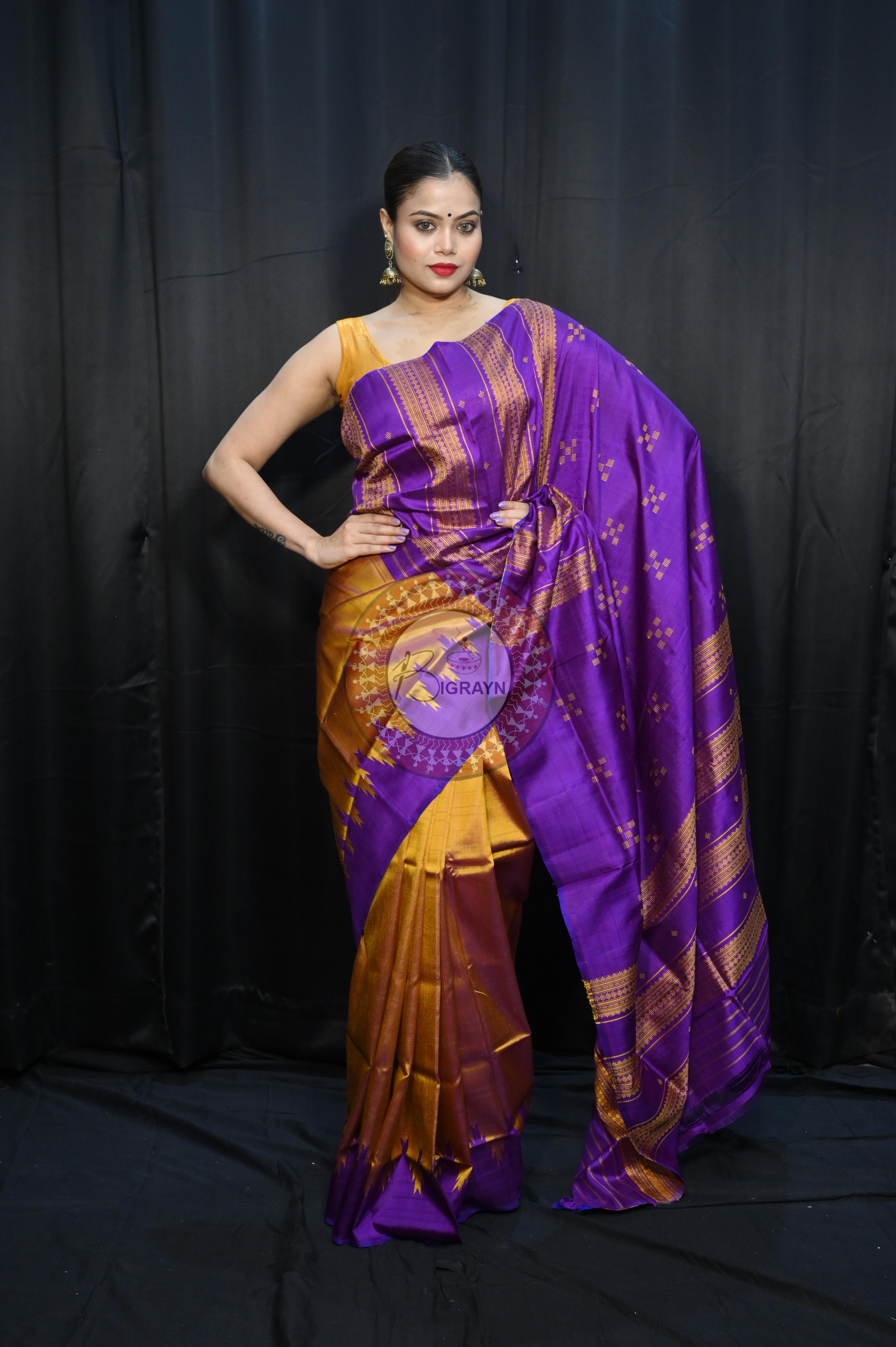 Golden Purple Double Anchal Berhampuri Silk Saree