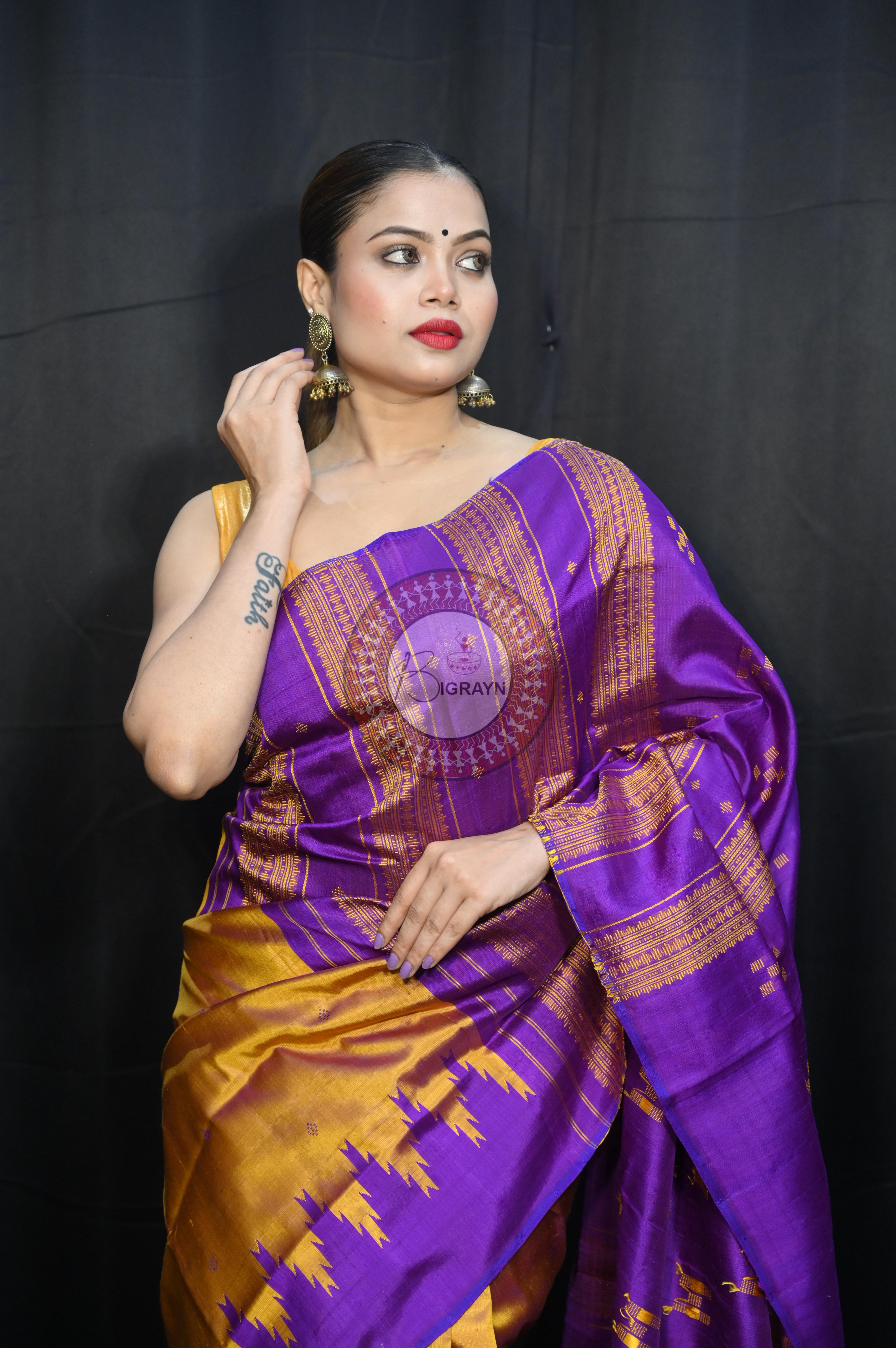 Golden Purple Double Anchal Berhampuri Silk Saree