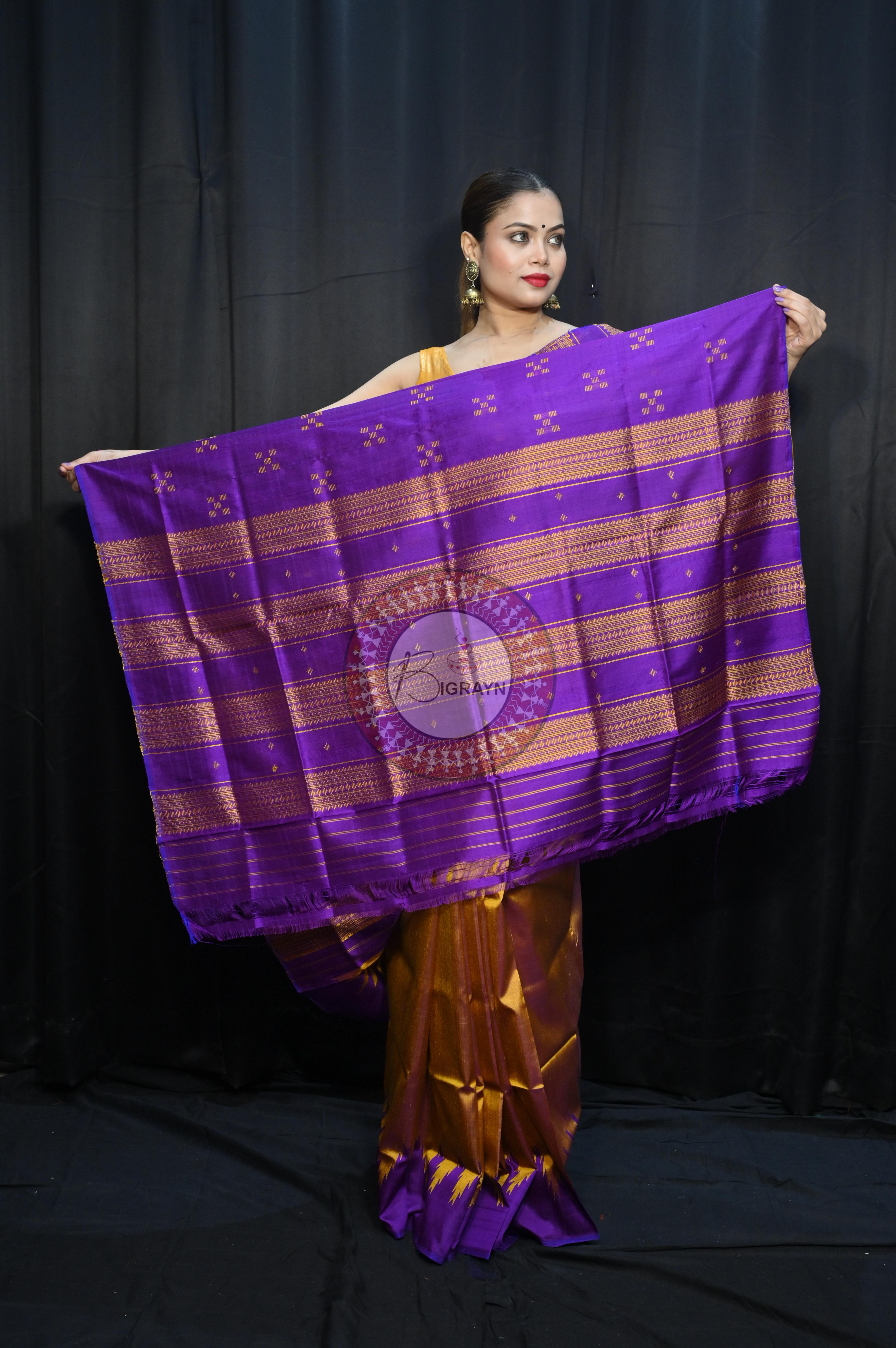 Golden Purple Double Anchal Berhampuri Silk Saree