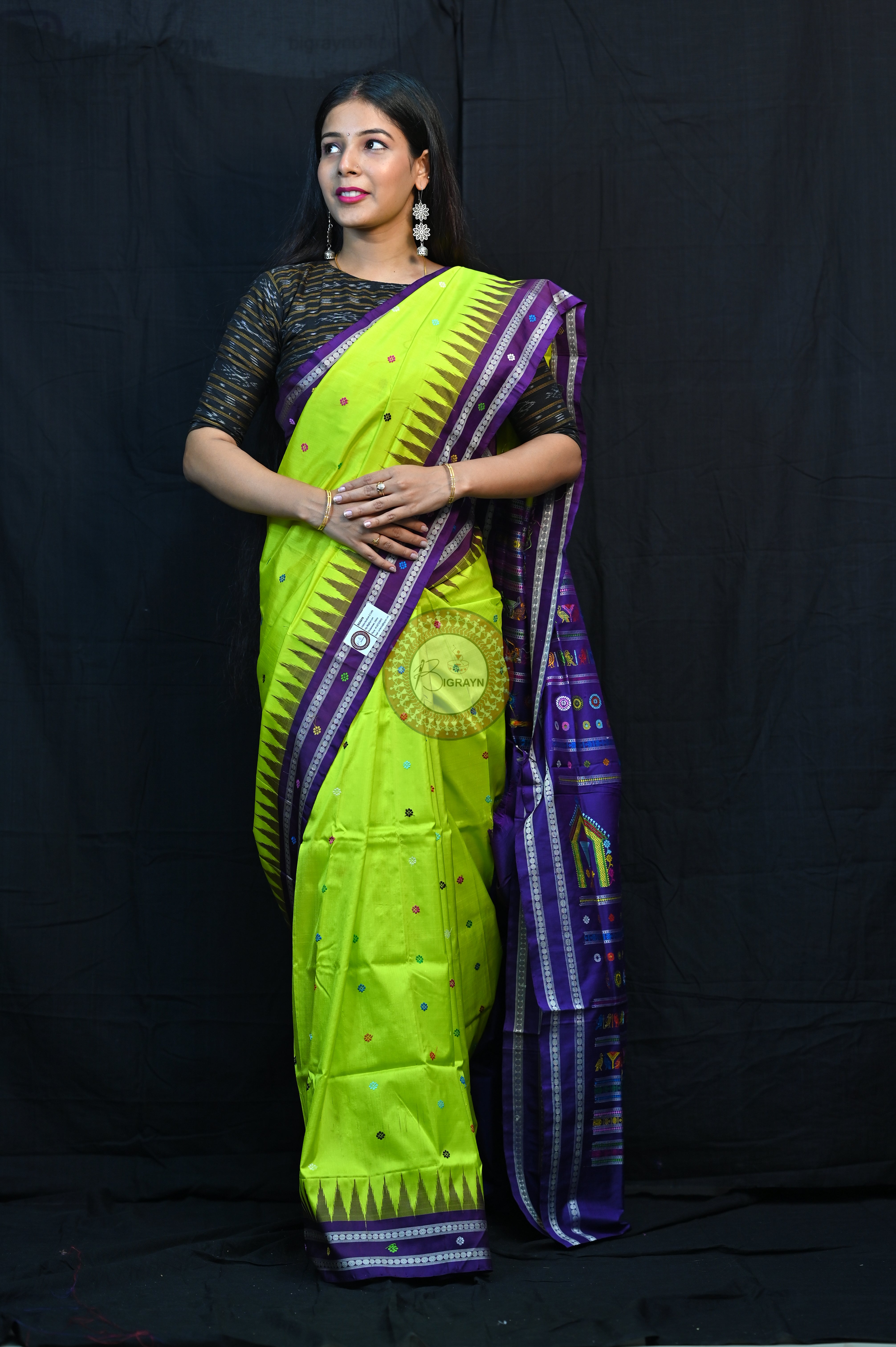 Neon Green Violet Dolabedi Silk Saree