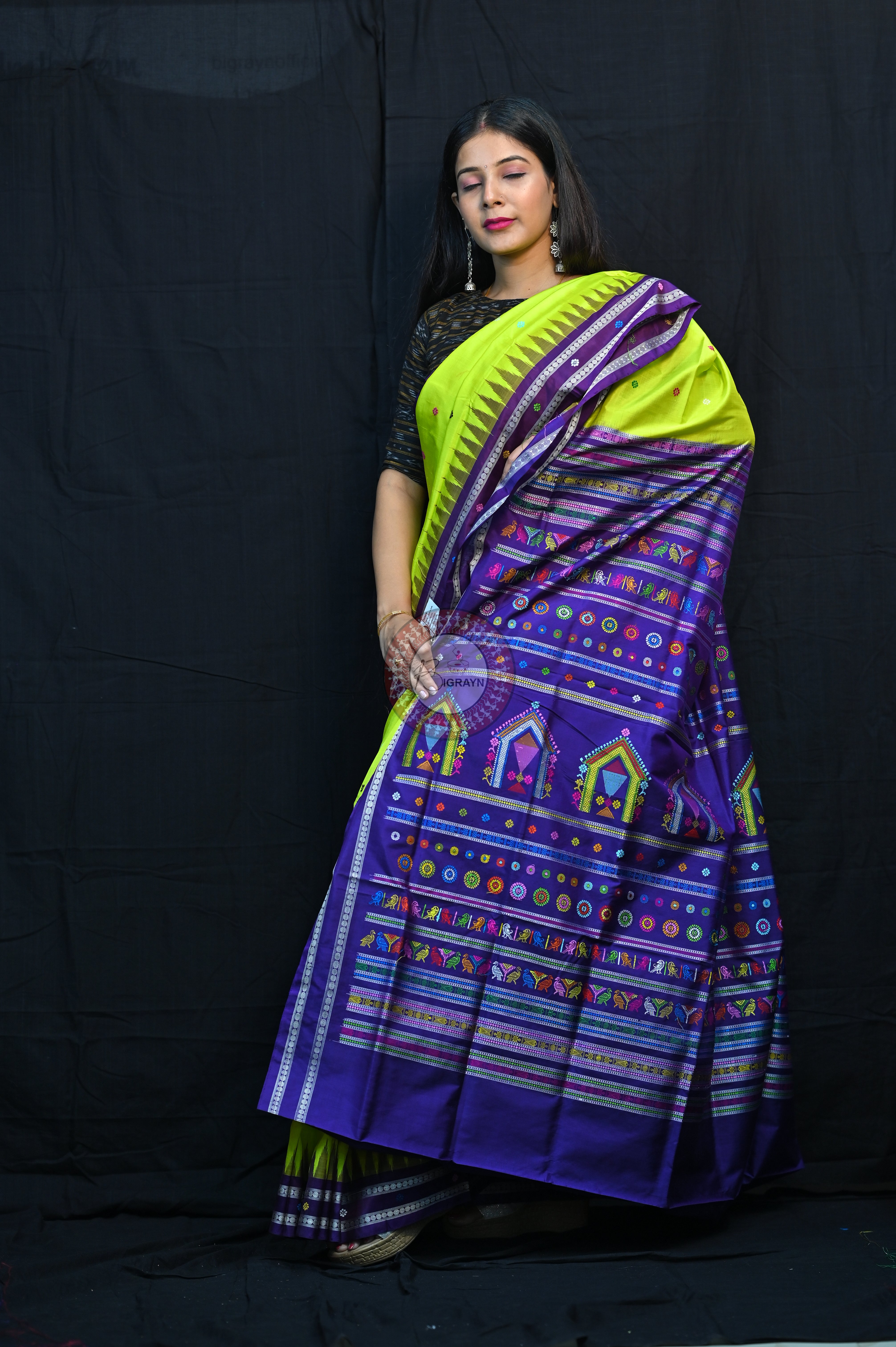 Neon Green Violet Dolabedi Silk Saree