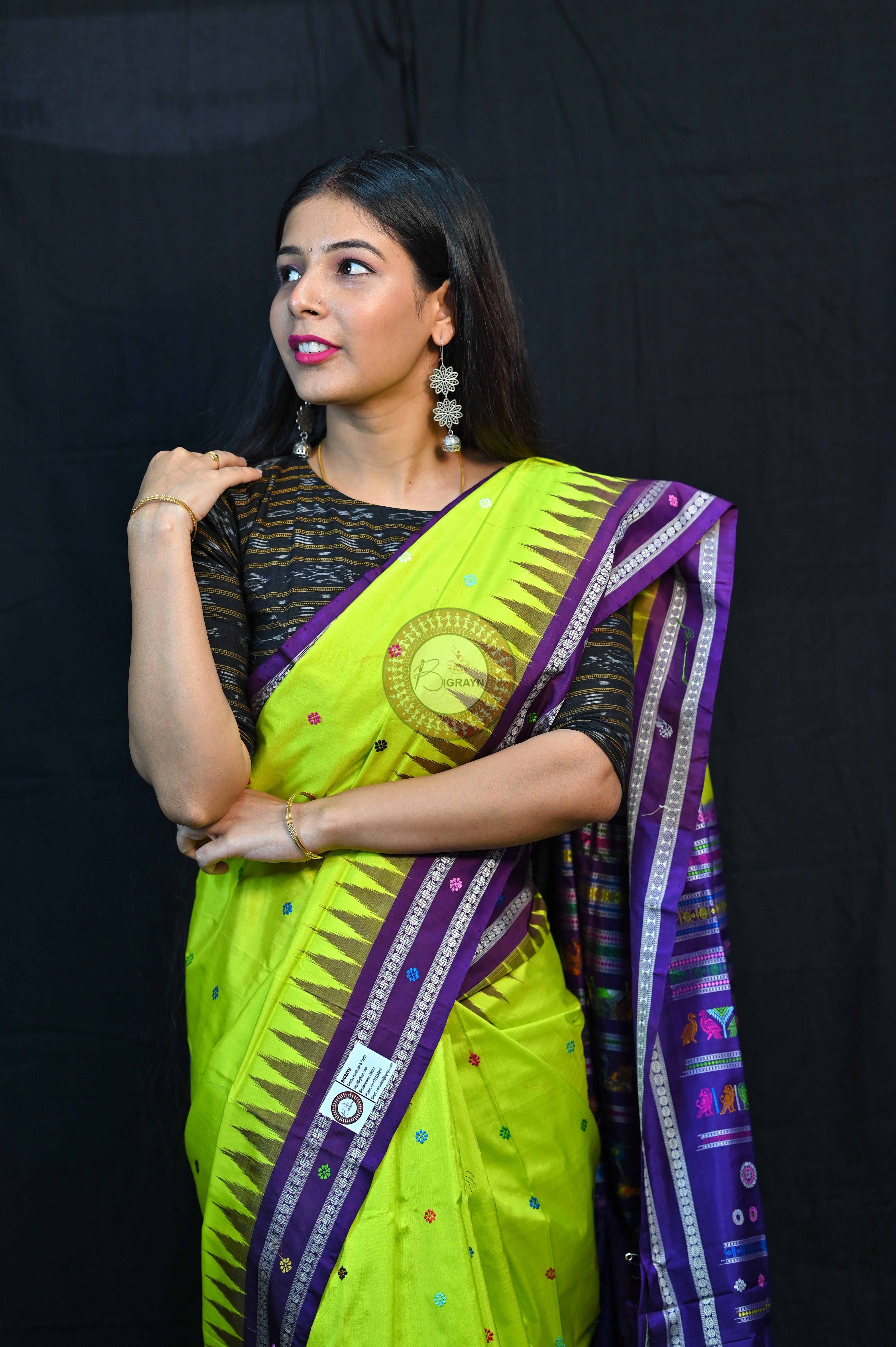 Neon Green Violet Dolabedi Silk Saree