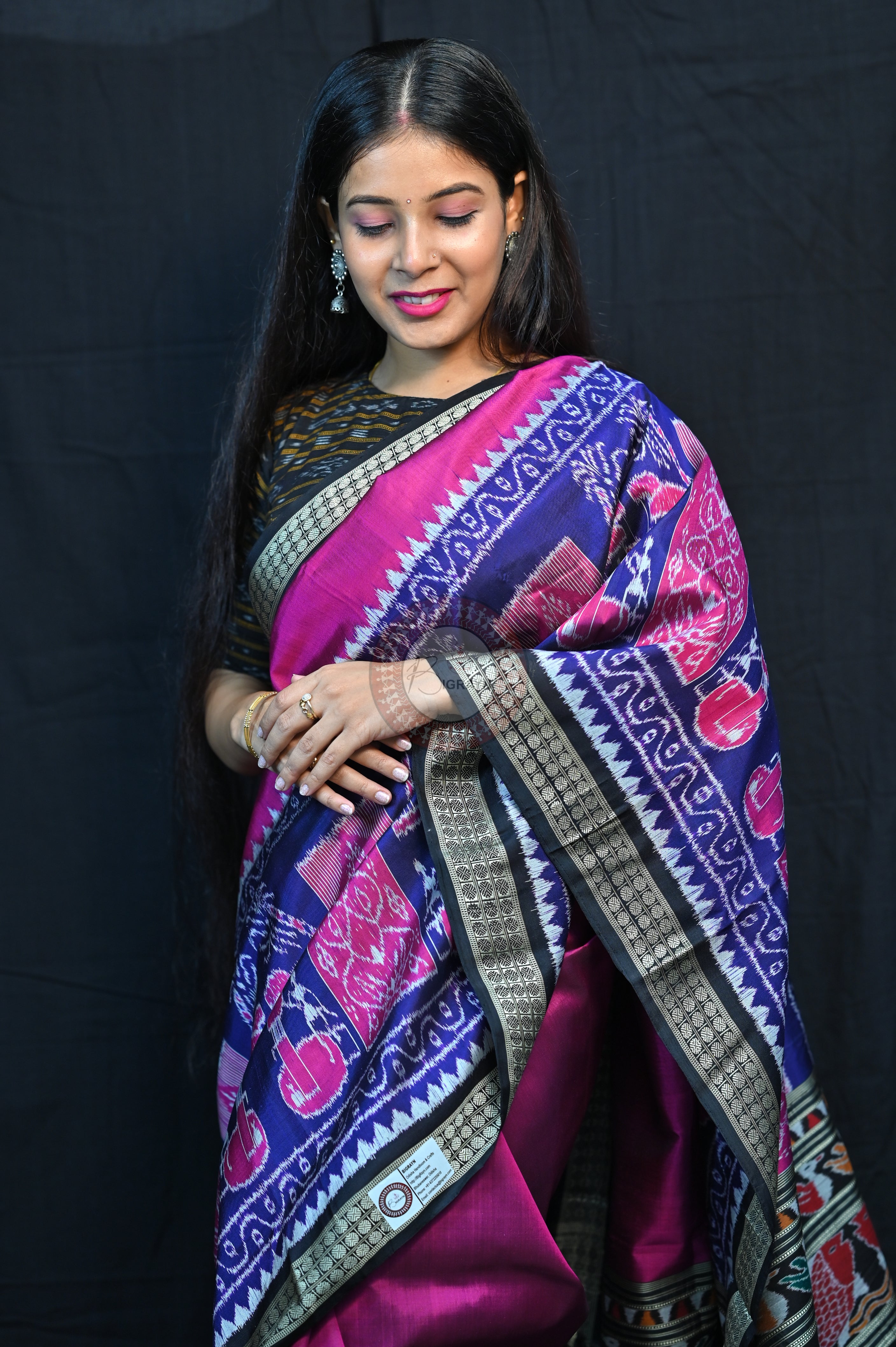 Purple Blue Black Village Mulberry Silk Saree