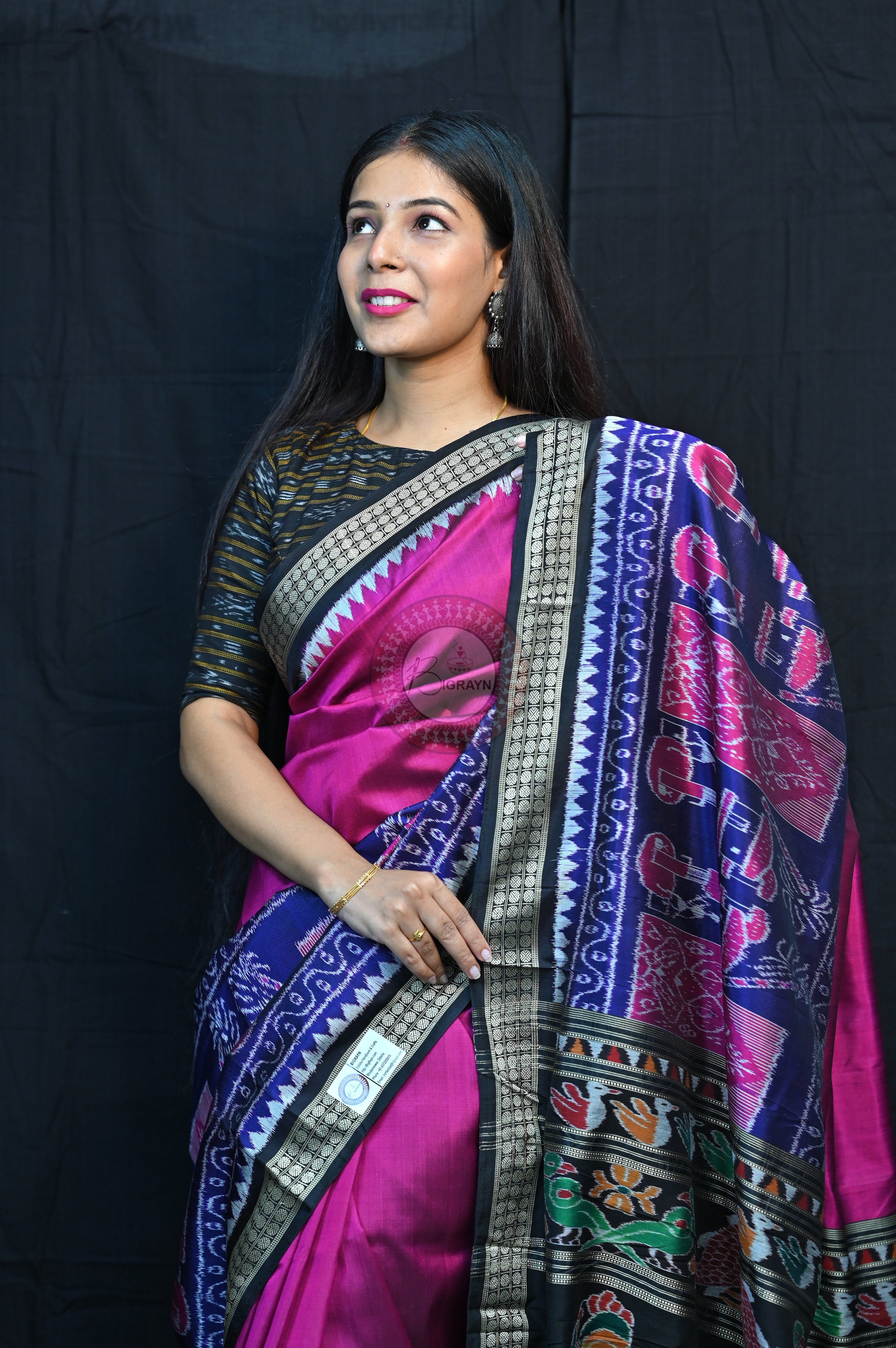 Purple Blue Black Village Mulberry Silk Saree