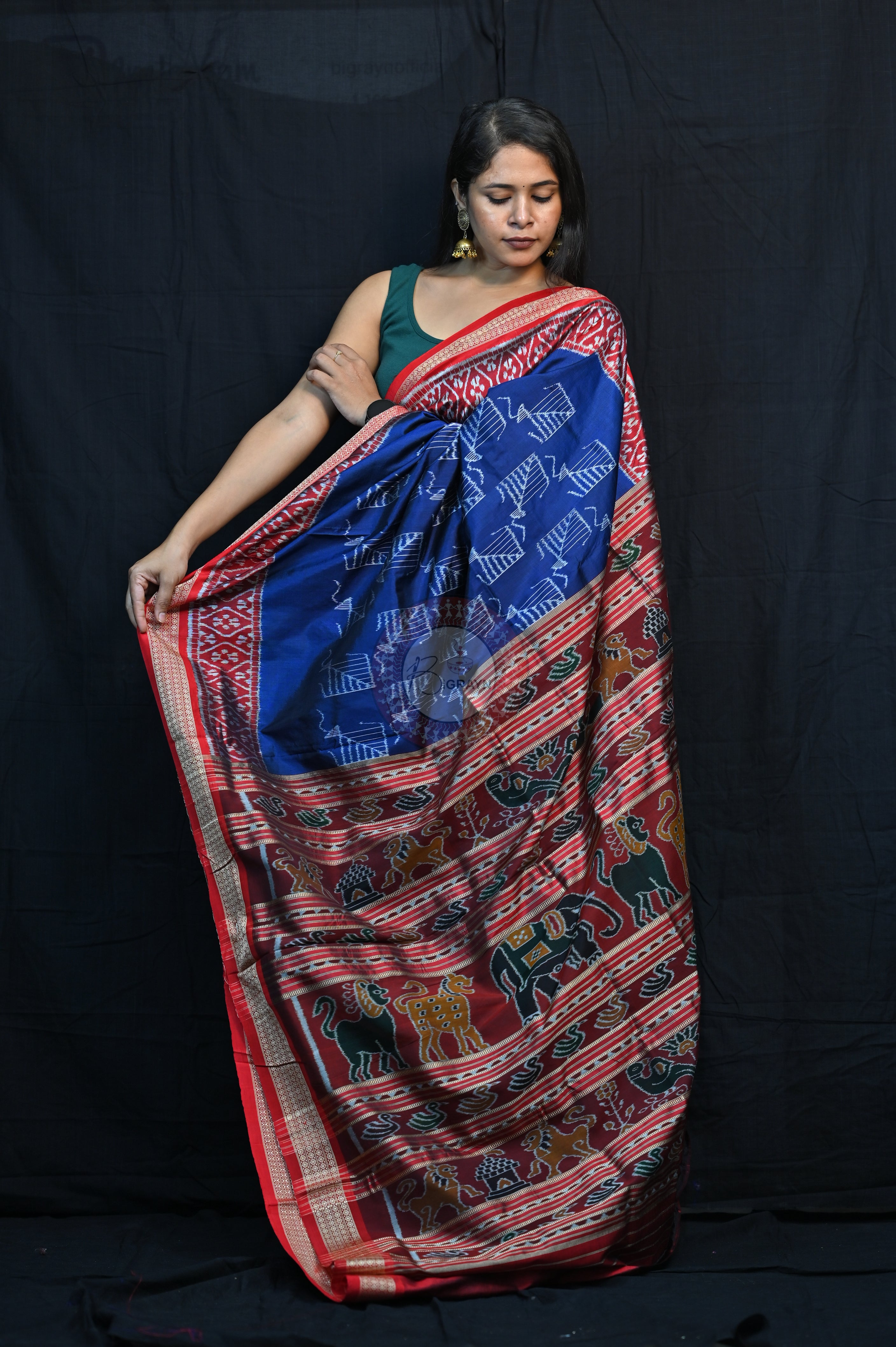Blue Red Kites Mulberry Silk Saree