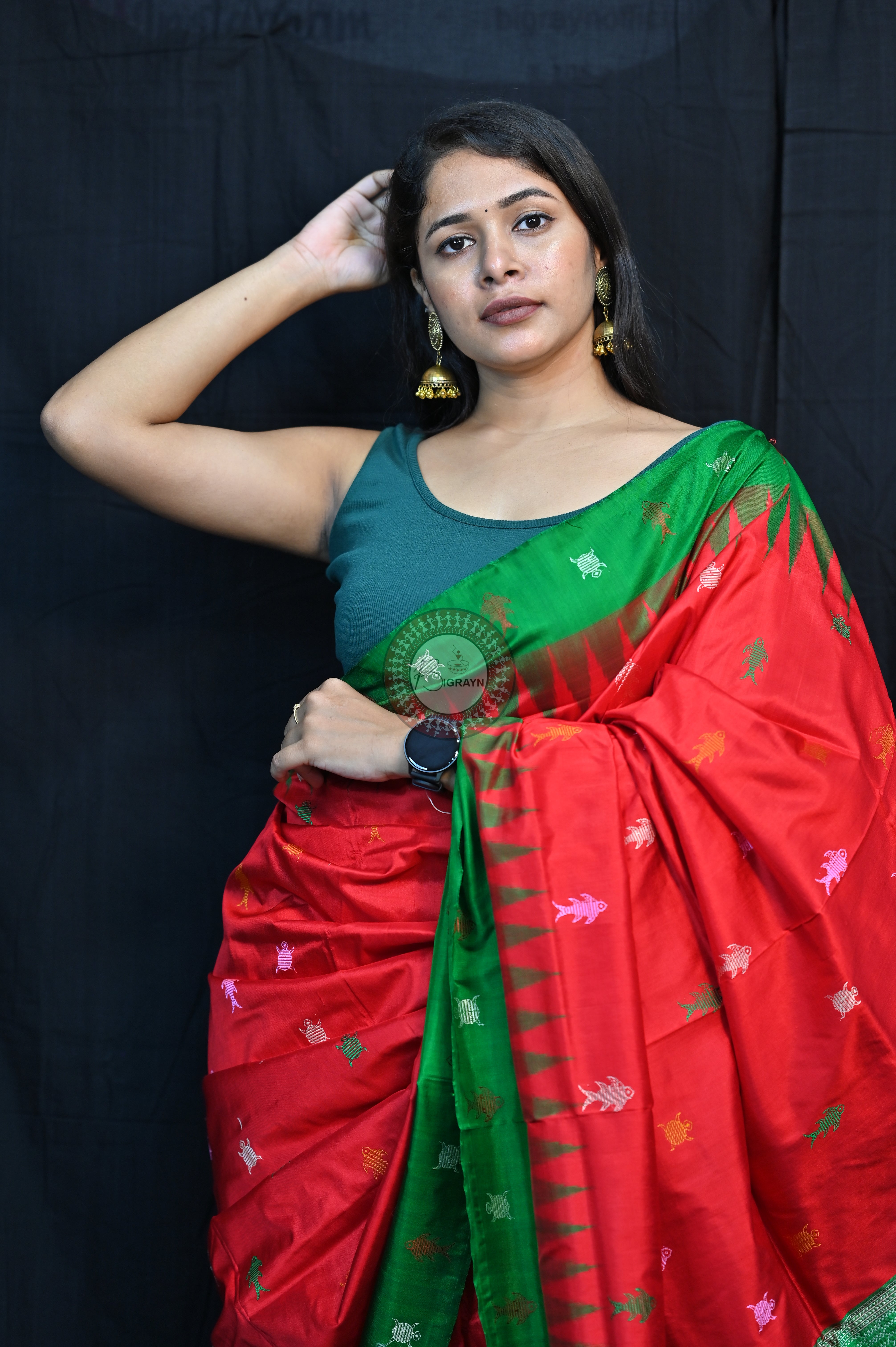 Mastya Kachhap Red Green Bomkai Silk Saree