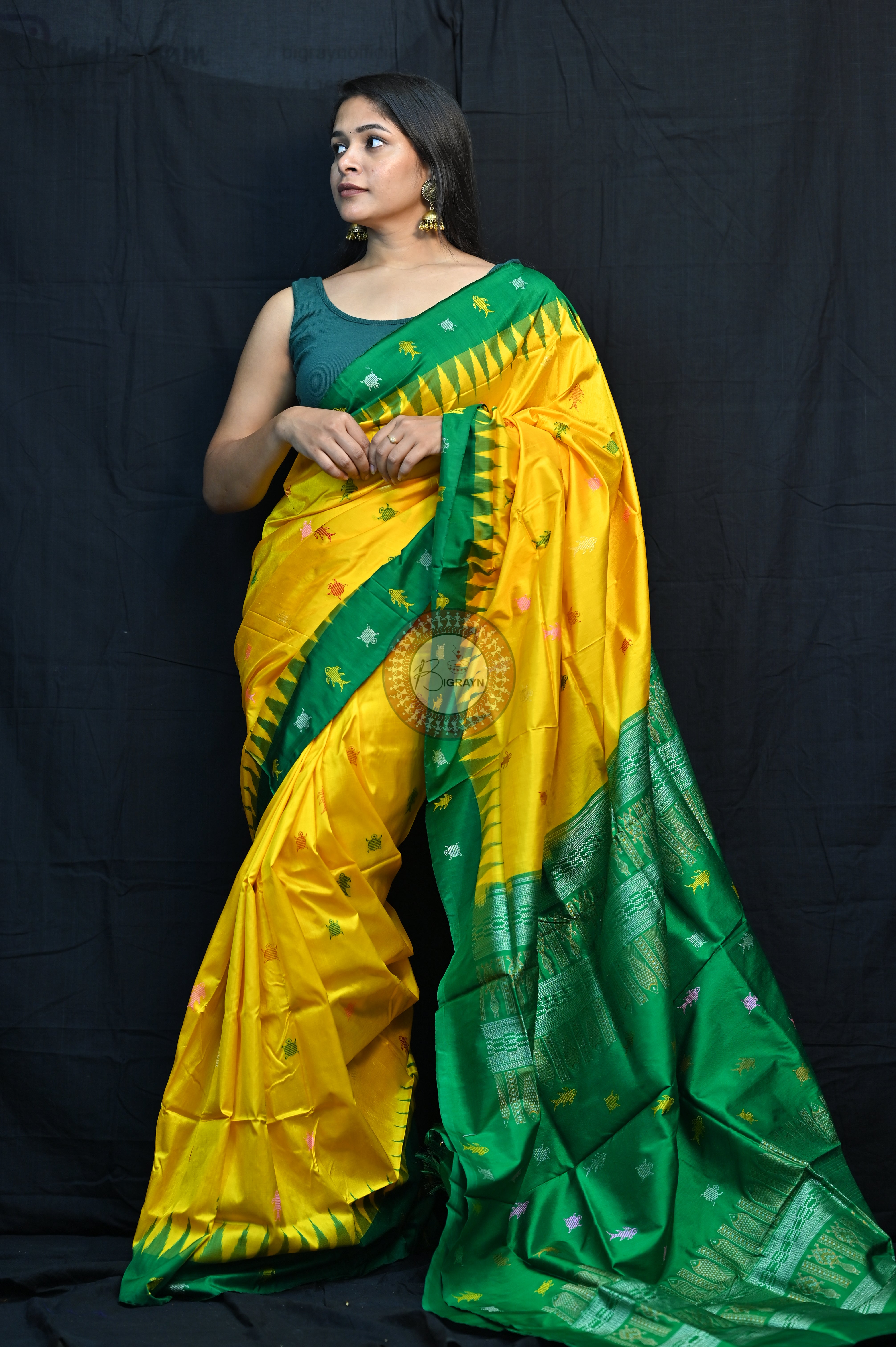 Mastya Kachhap Yellow Green Bomkai Silk Saree