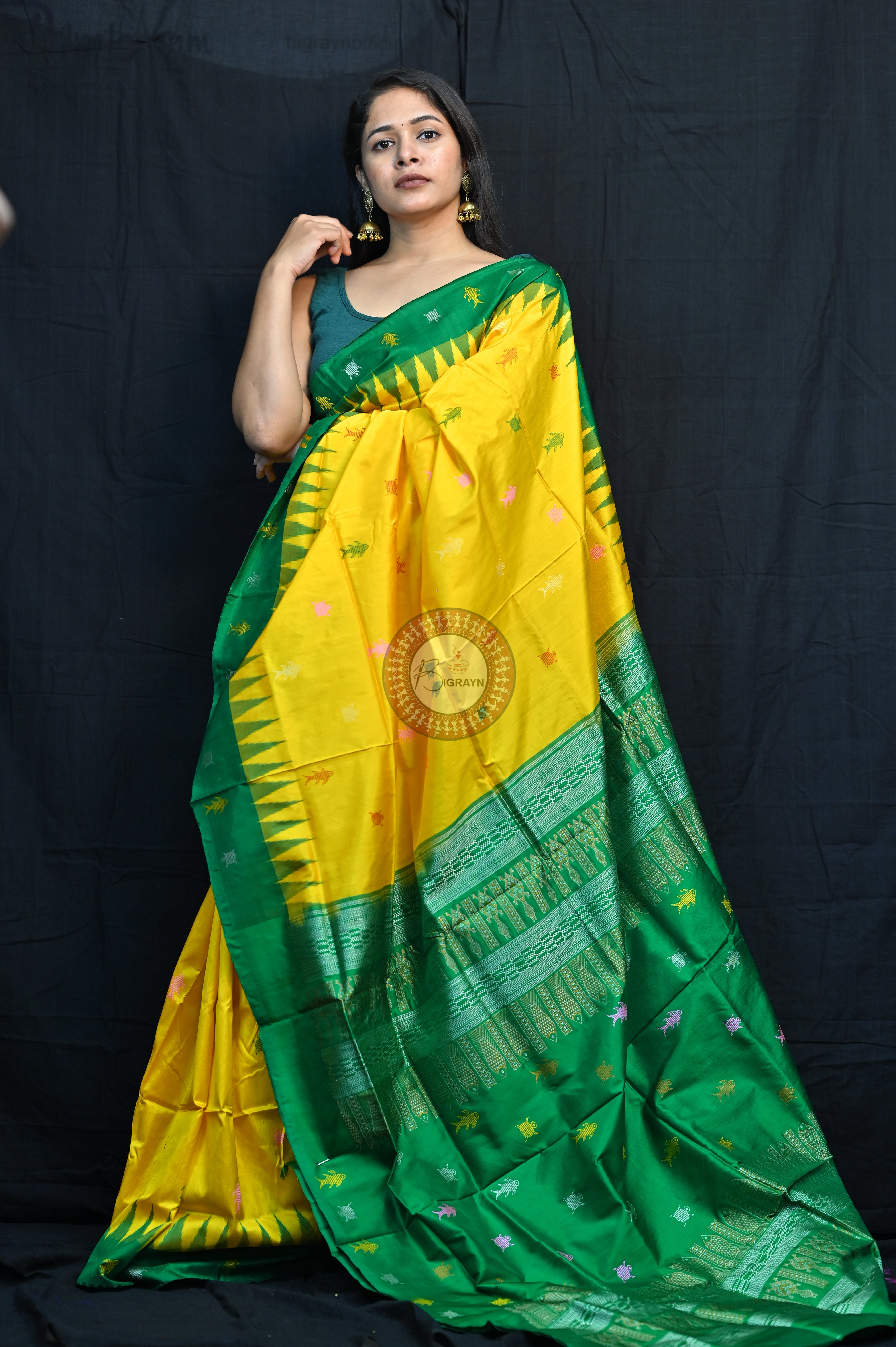 Mastya Kachhap Yellow Green Bomkai Silk Saree