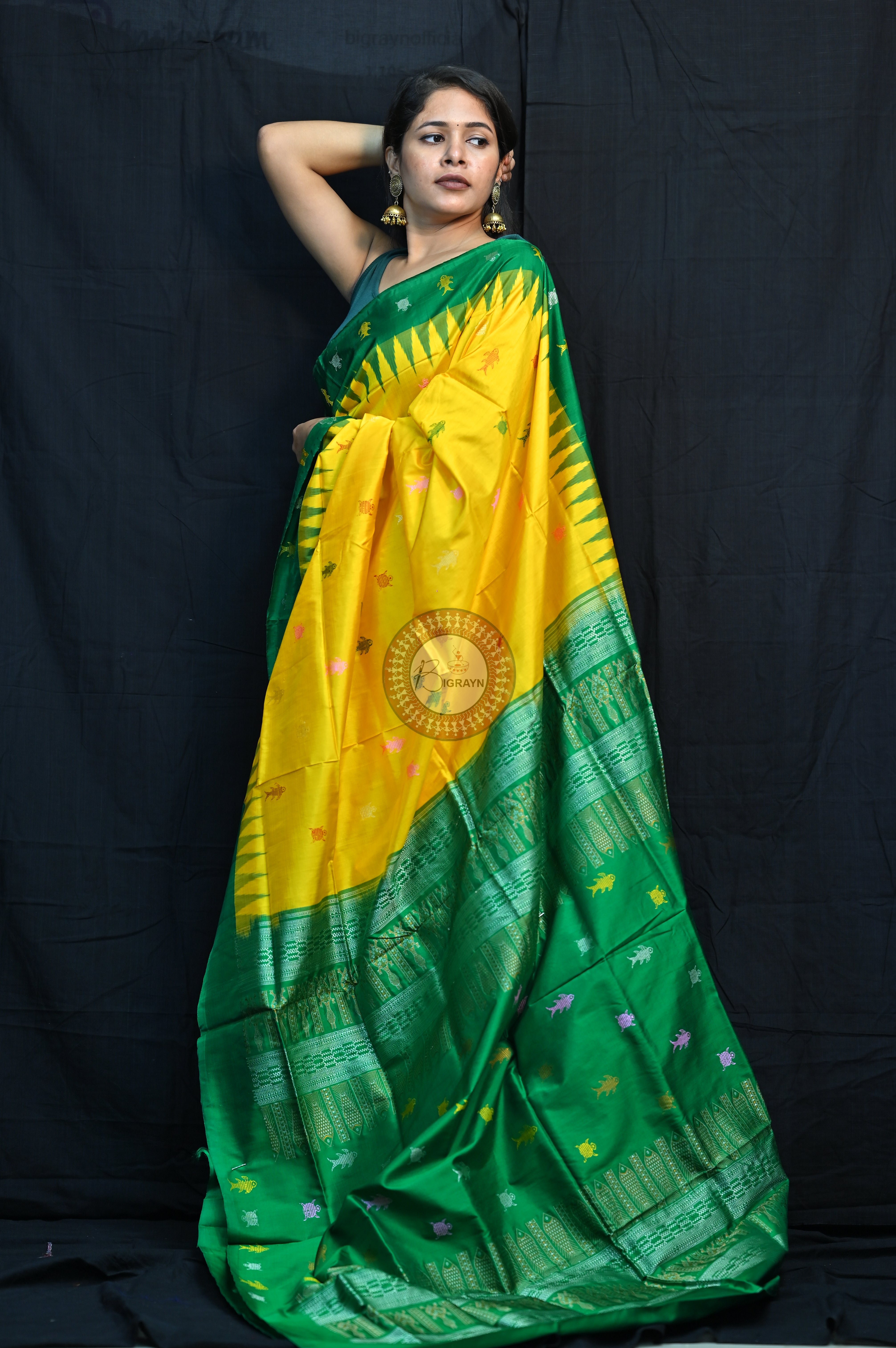 Mastya Kachhap Yellow Green Bomkai Silk Saree