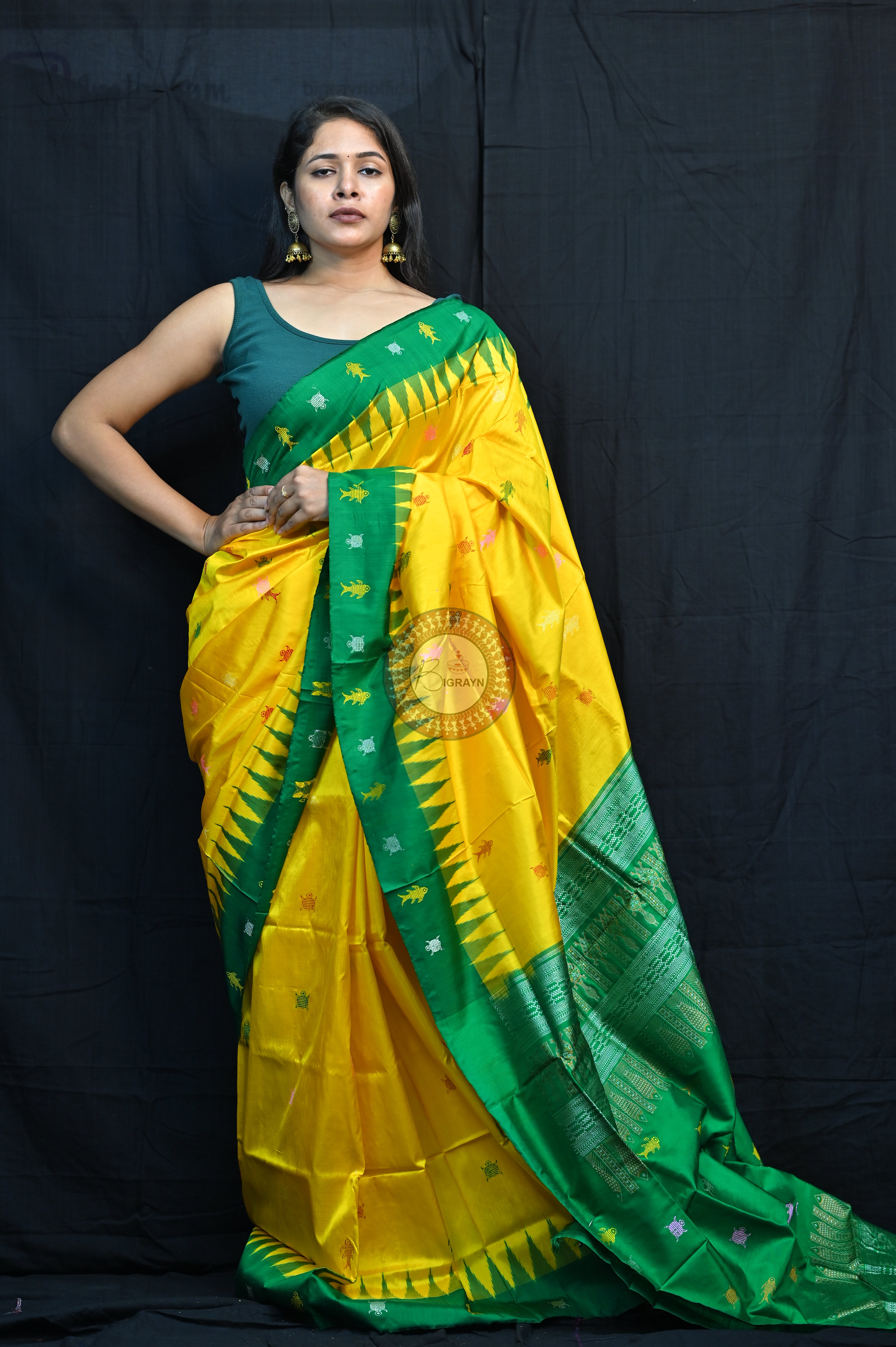 Mastya Kachhap Yellow Green Bomkai Silk Saree
