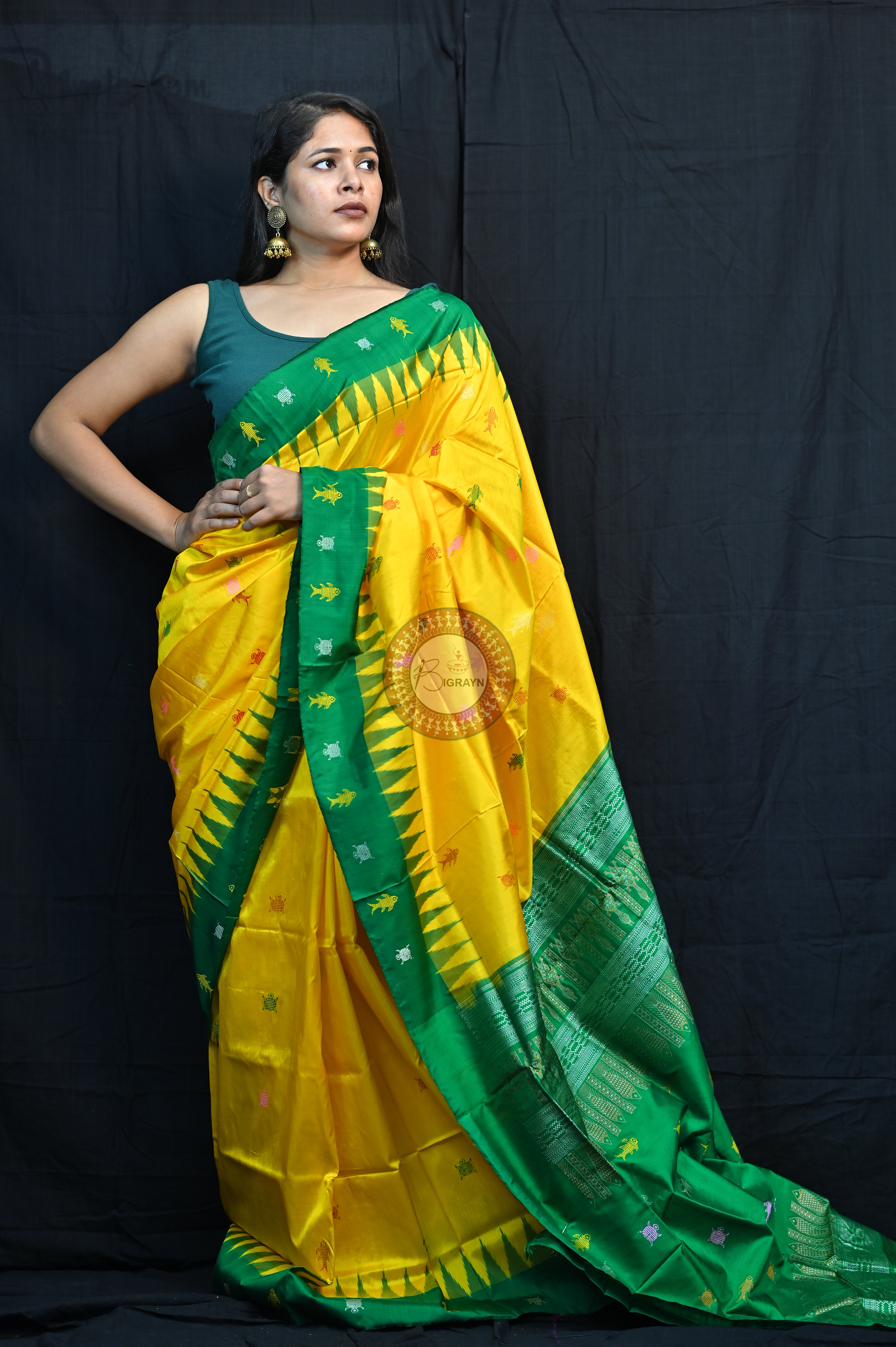 Mastya Kachhap Yellow Green Bomkai Silk Saree