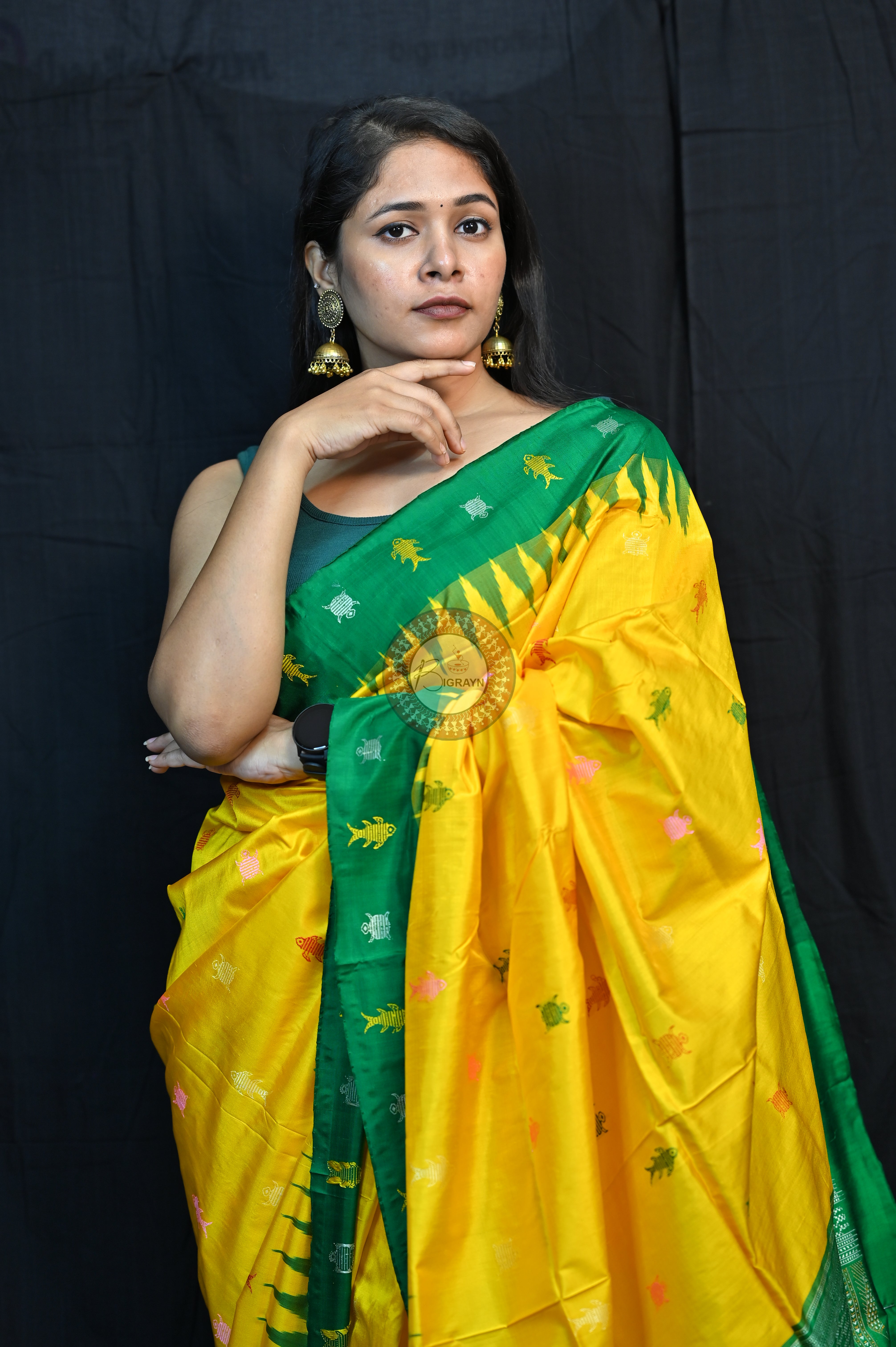 Mastya Kachhap Yellow Green Bomkai Silk Saree