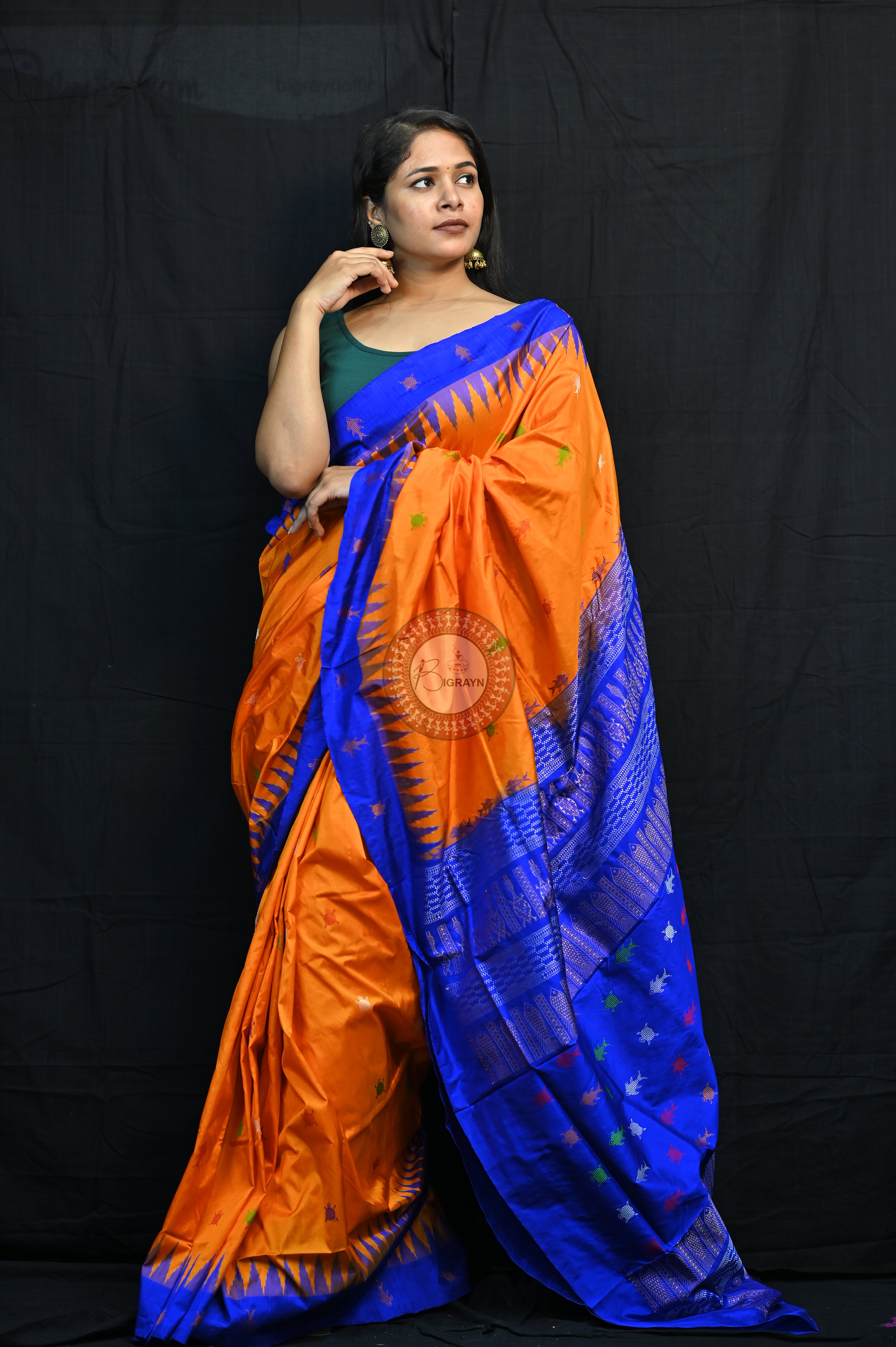 Mastya kachhap Orange Blue Bomkai Silk Saree