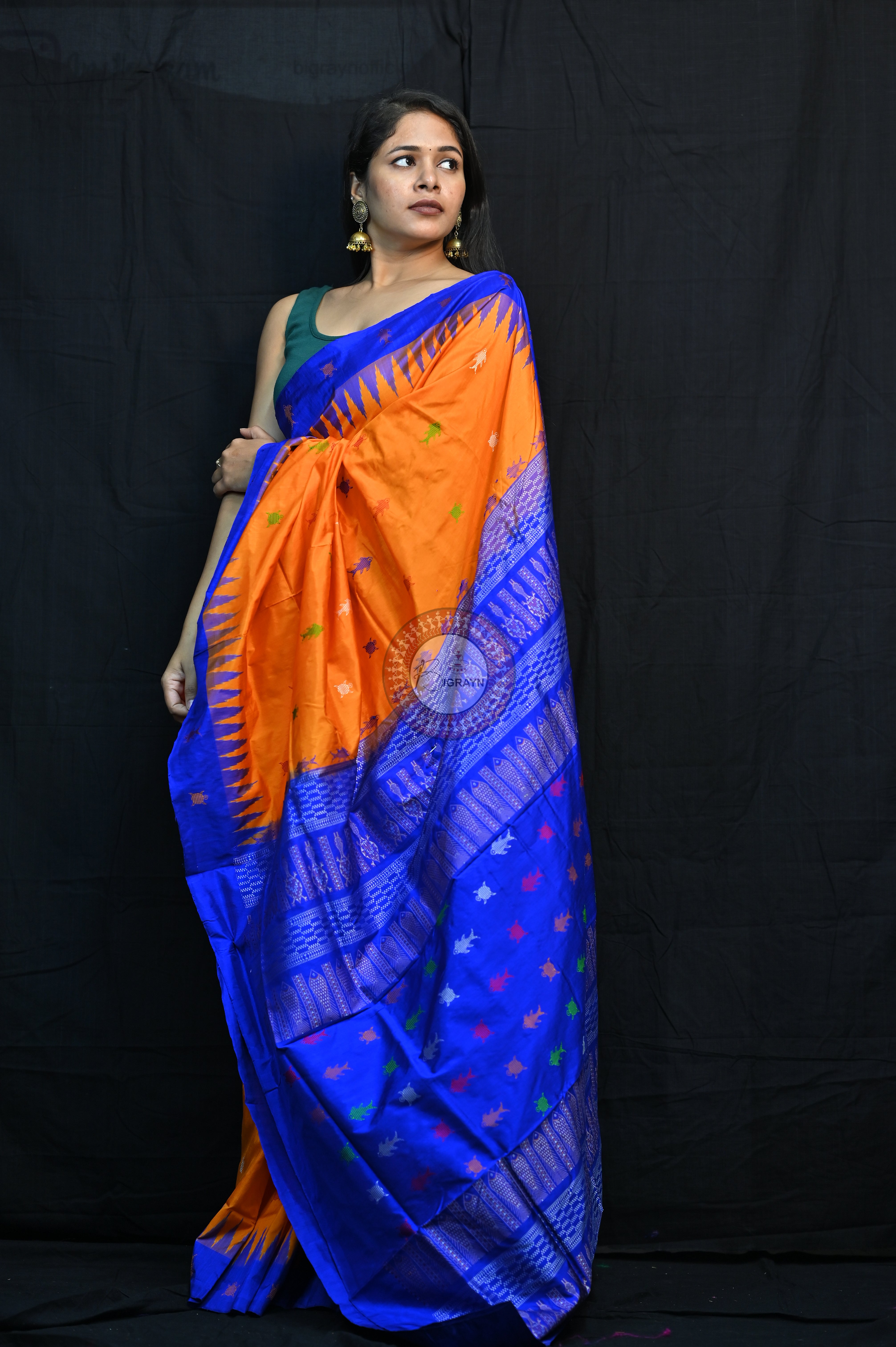 Mastya kachhap Orange Blue Bomkai Silk Saree