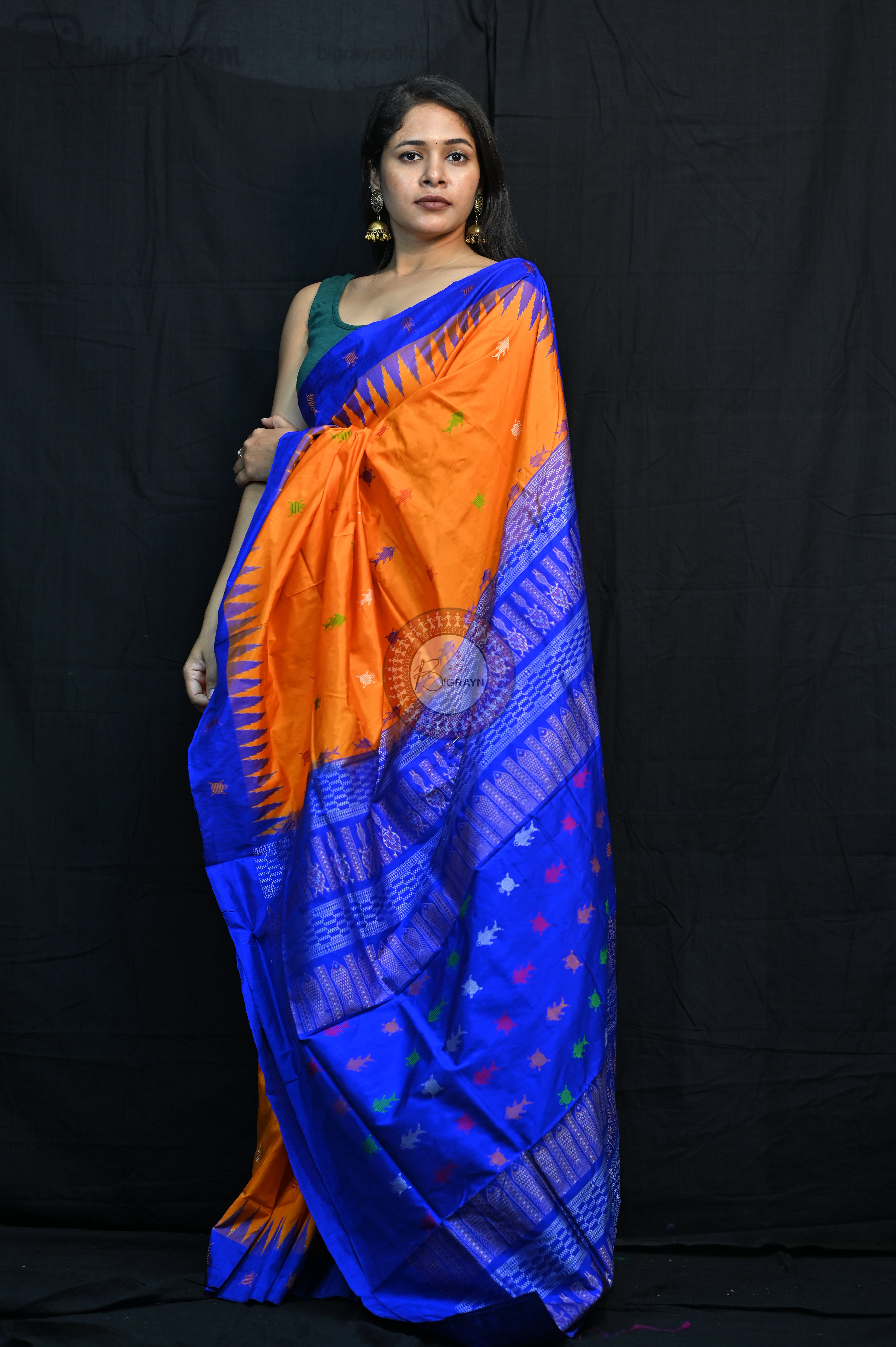 Mastya kachhap Orange Blue Bomkai Silk Saree