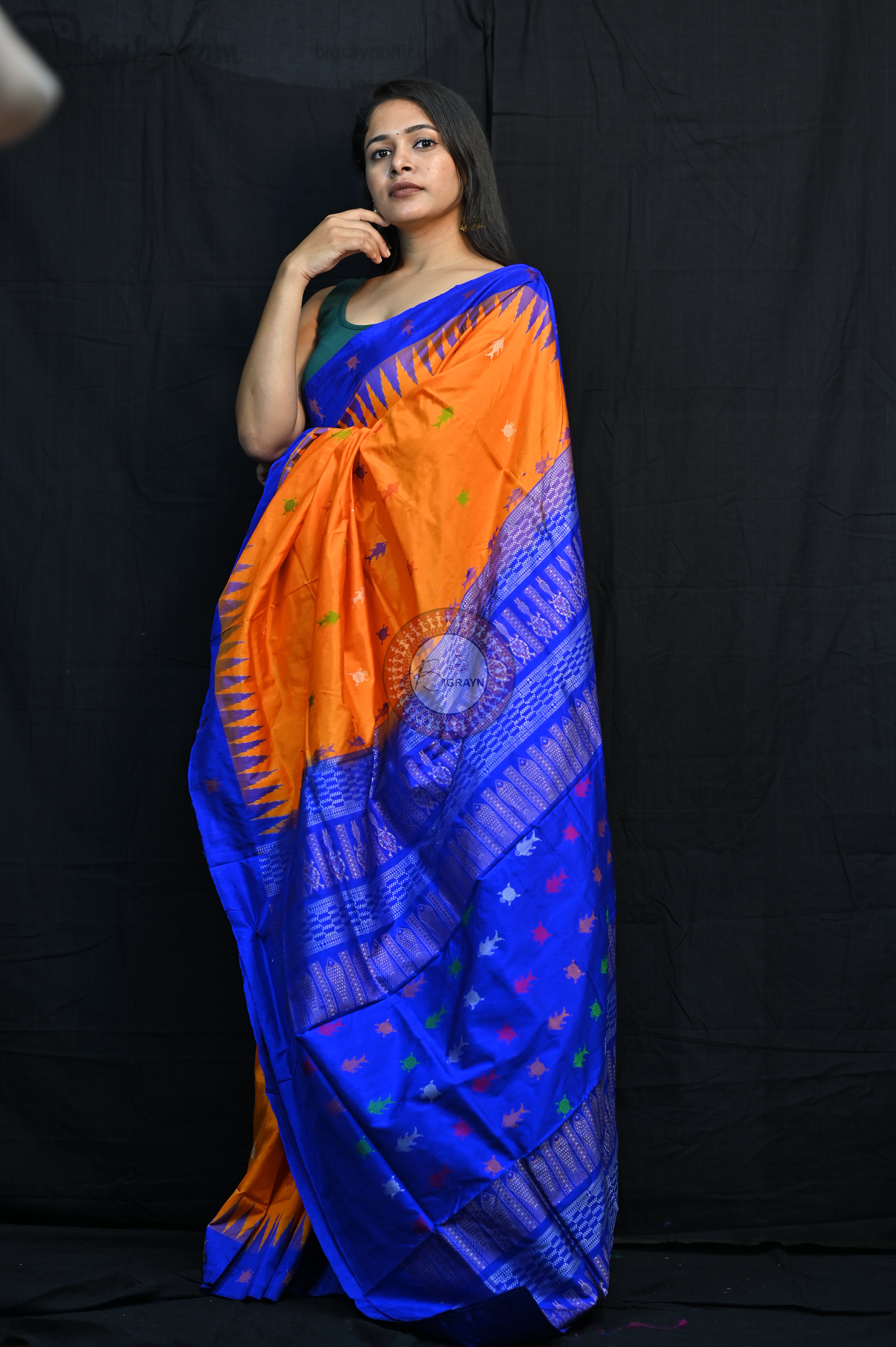 Mastya kachhap Orange Blue Bomkai Silk Saree