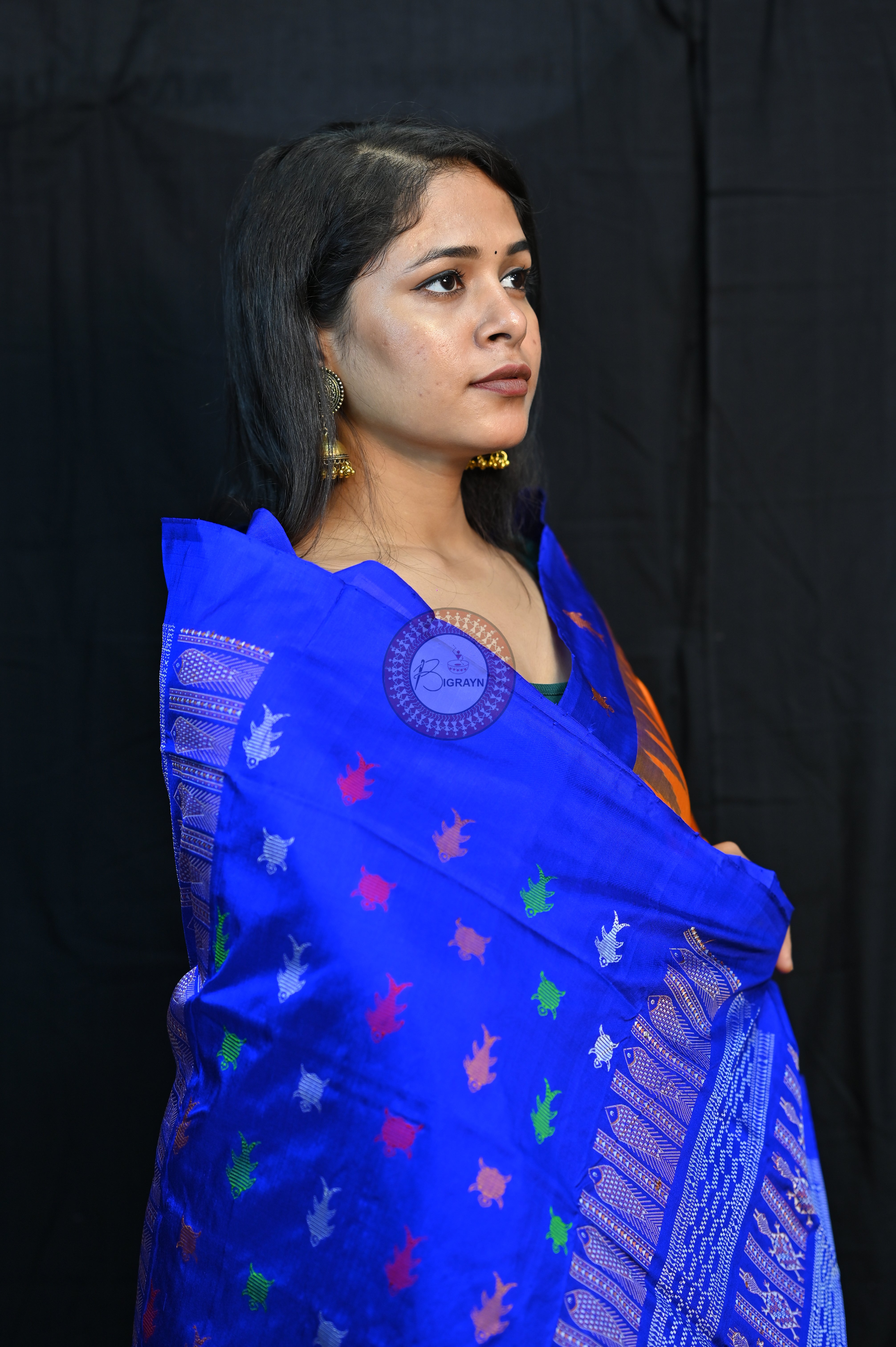 Mastya kachhap Orange Blue Bomkai Silk Saree