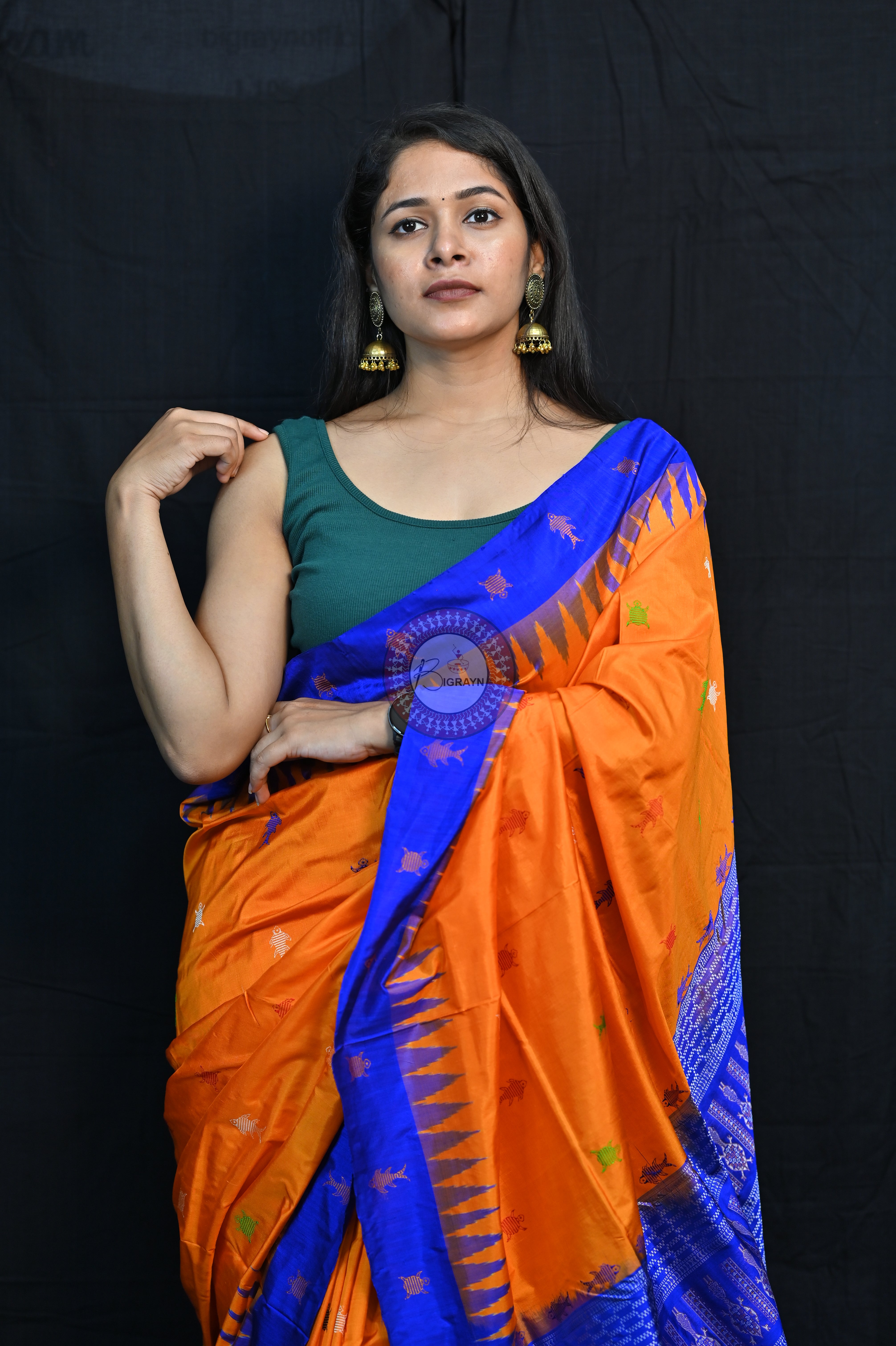 Mastya kachhap Orange Blue Bomkai Silk Saree