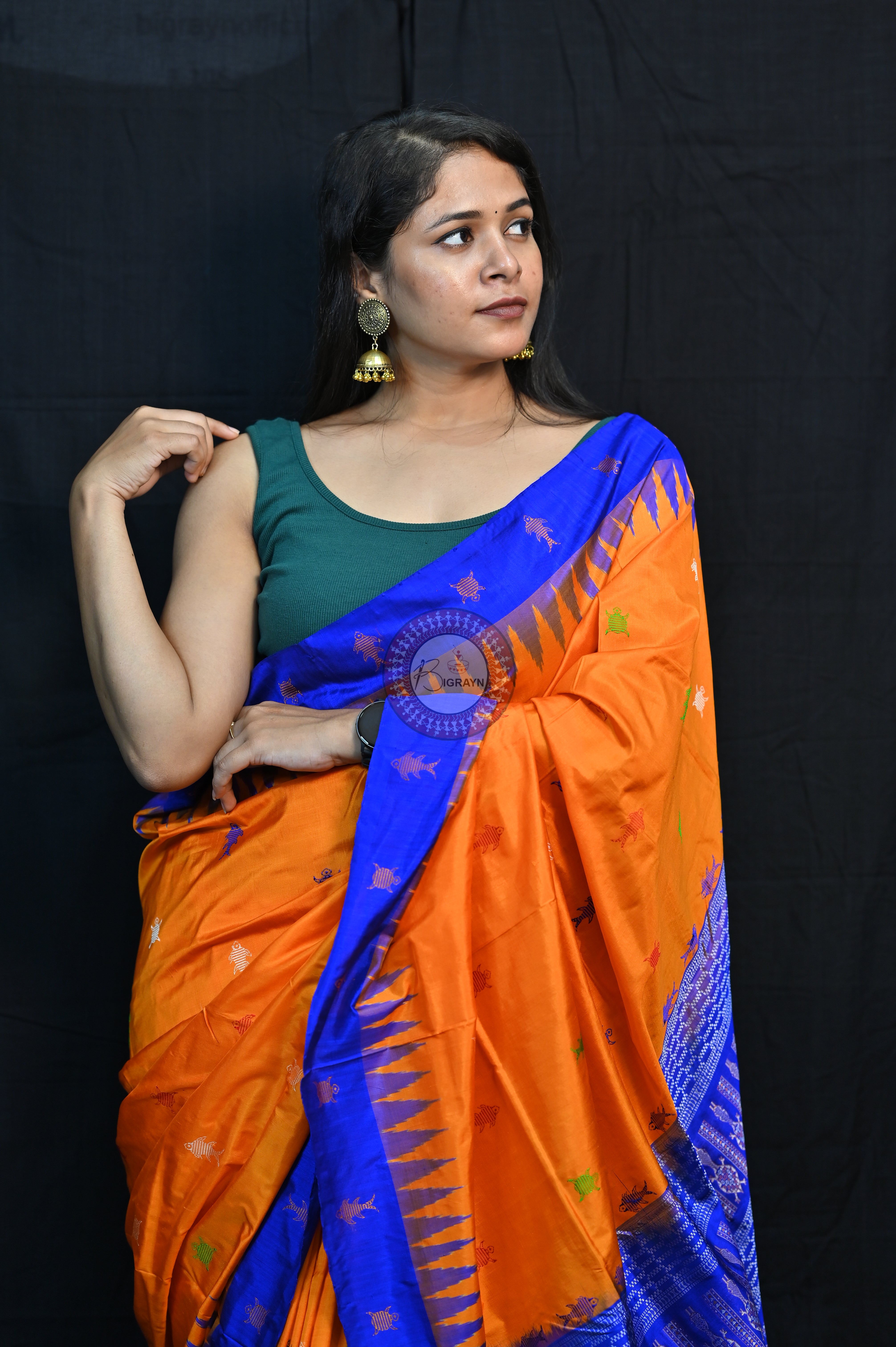 Mastya kachhap Orange Blue Bomkai Silk Saree